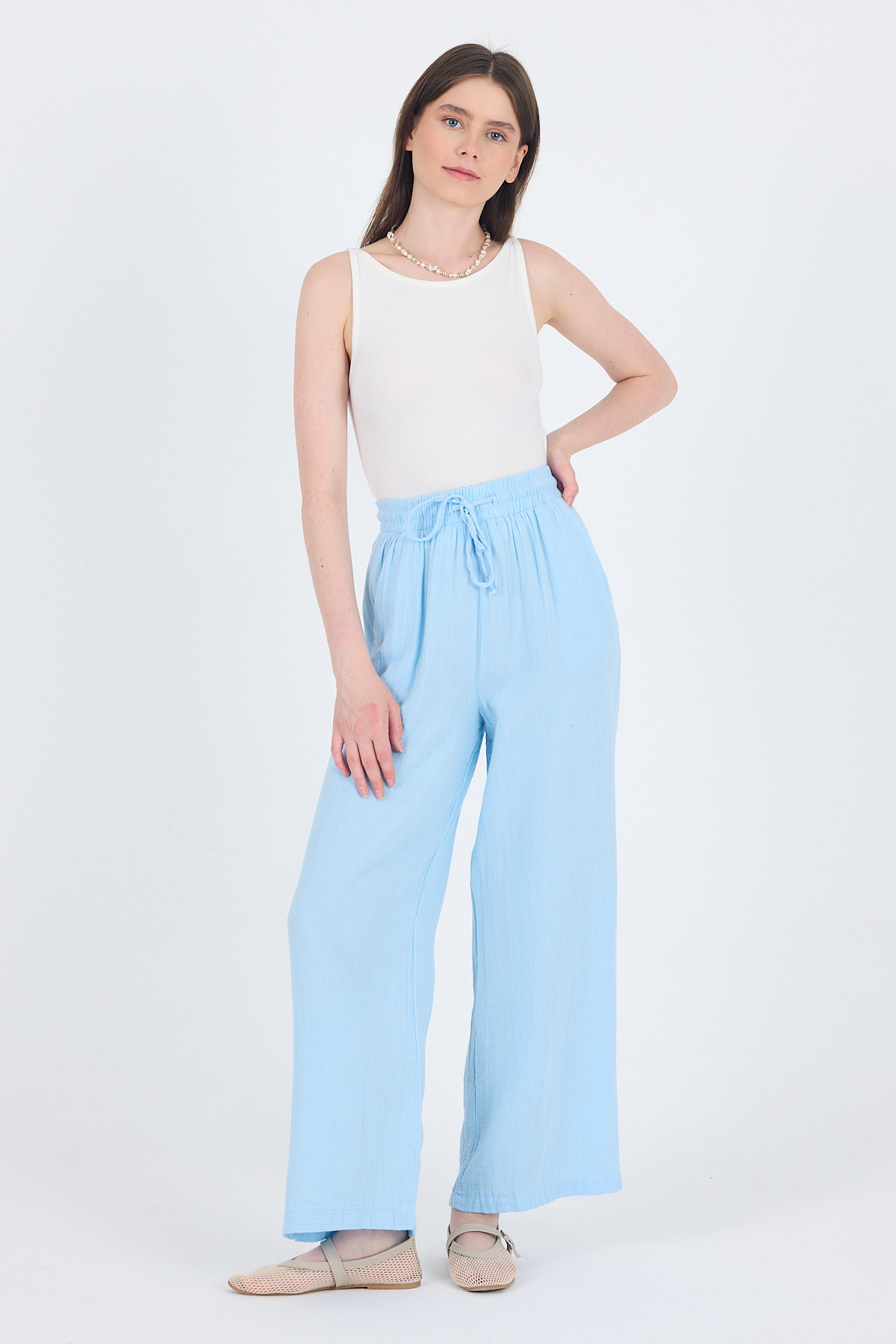 Bebe Mavi %100 Pamuk Müslin Palazzo/Bol Paça Pantolon 8056A - RAYS