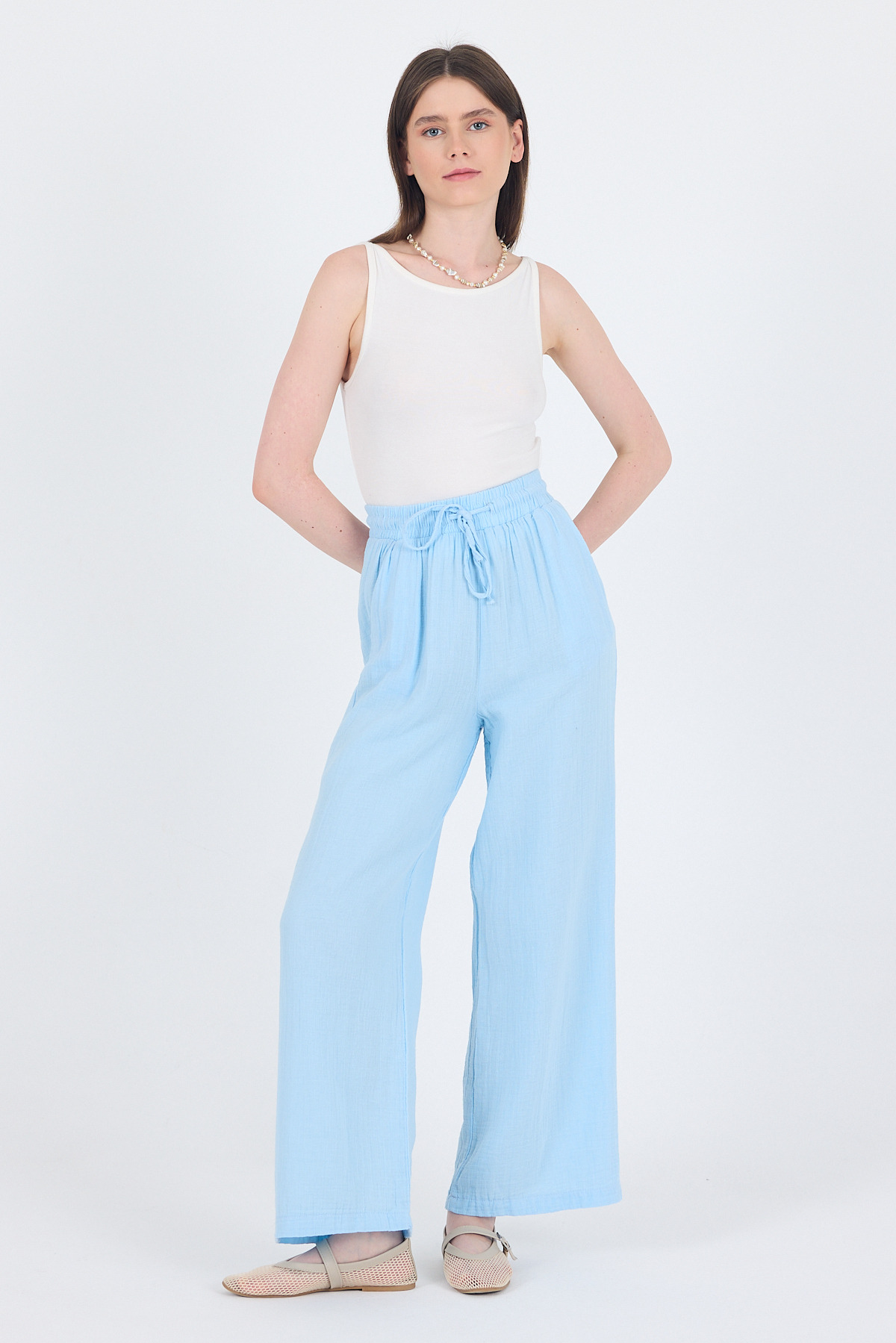 Bebe Mavi %100 Pamuk Müslin Palazzo/Bol Paça Pantolon 8056A 