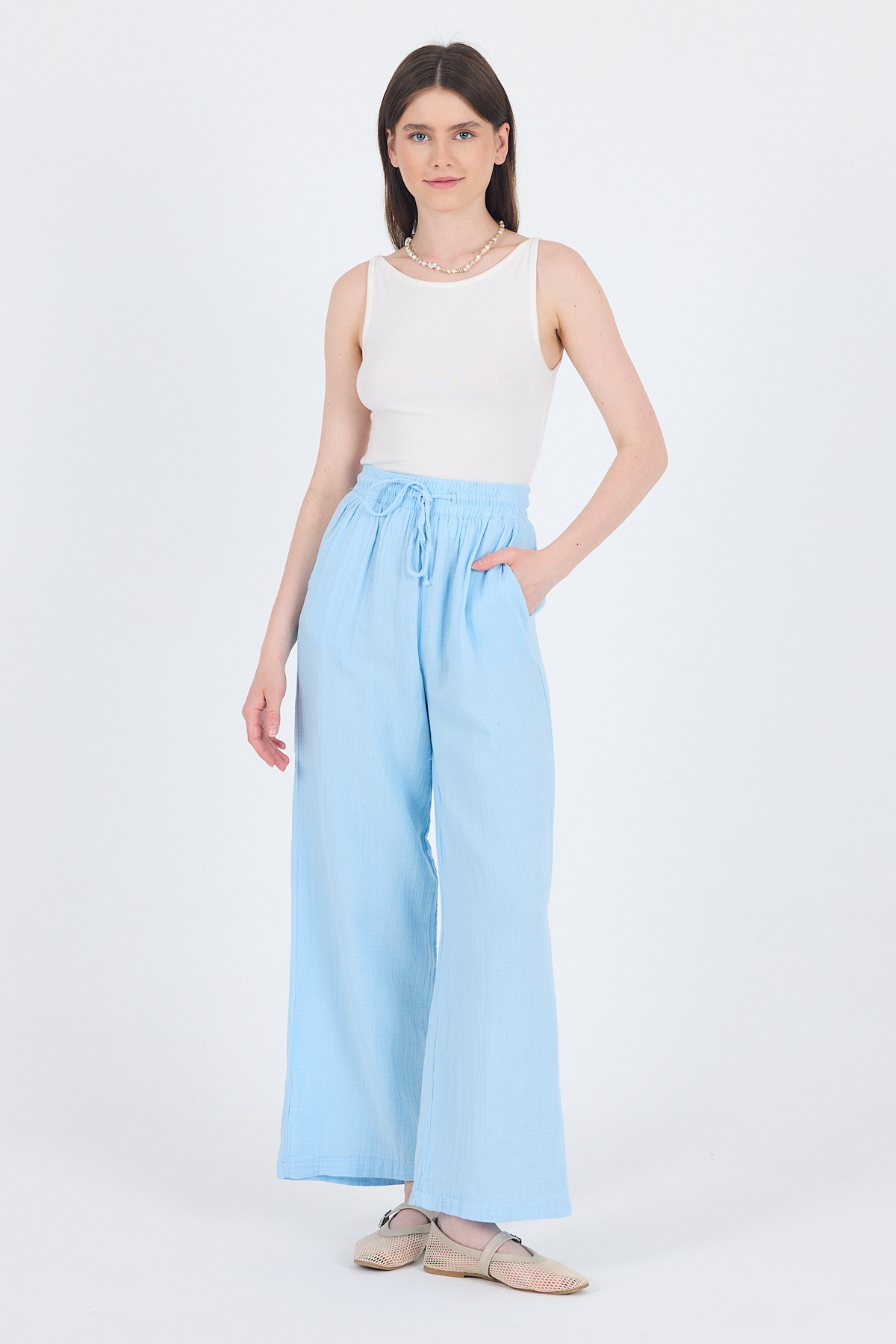 Bebe Mavi %100 Pamuk Müslin Palazzo/Bol Paça Pantolon 8056A - 7