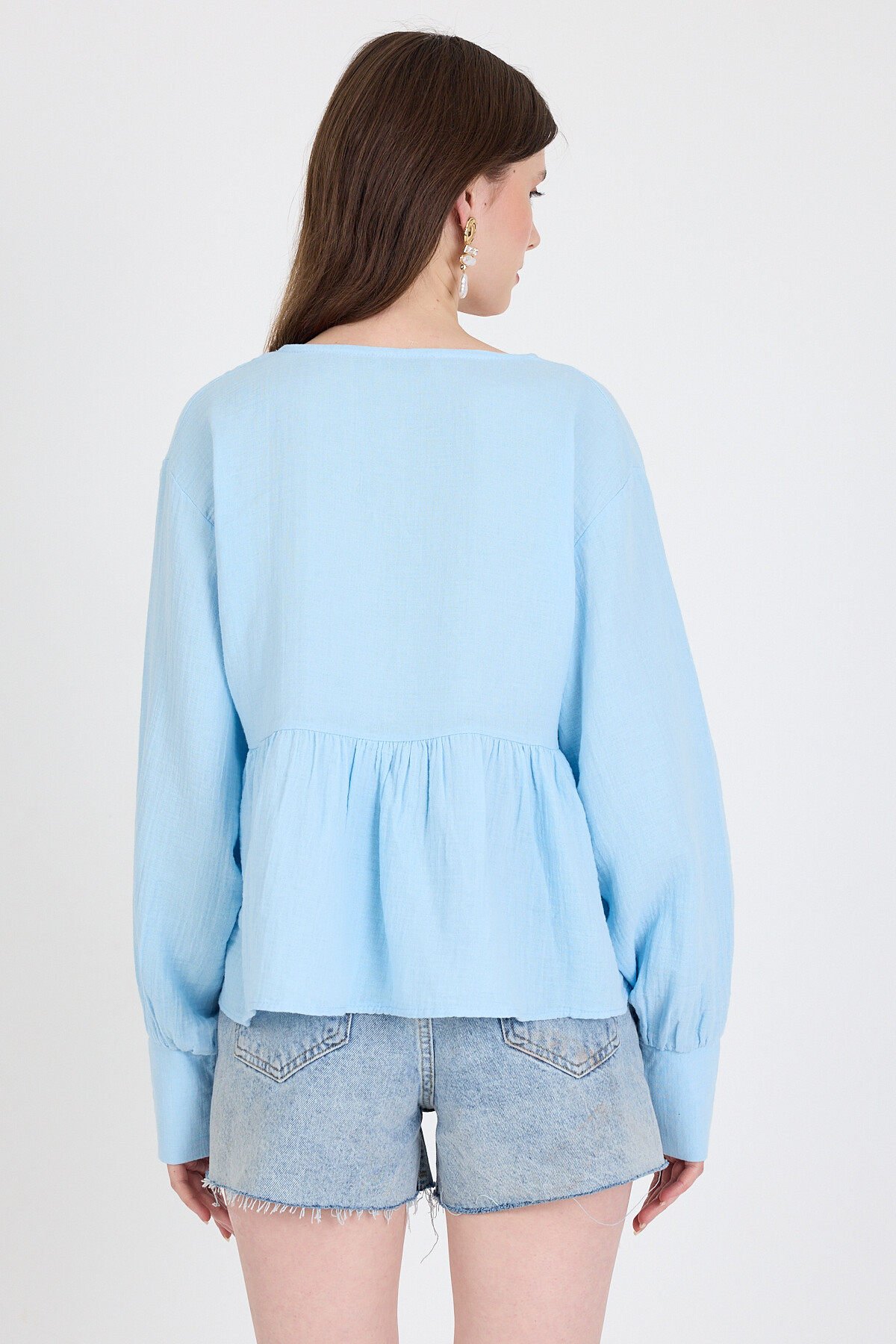 Bebe Mavi %100 Pamuk V Yaka Ön Bağlama Detaylı Bluz 4784A - 5