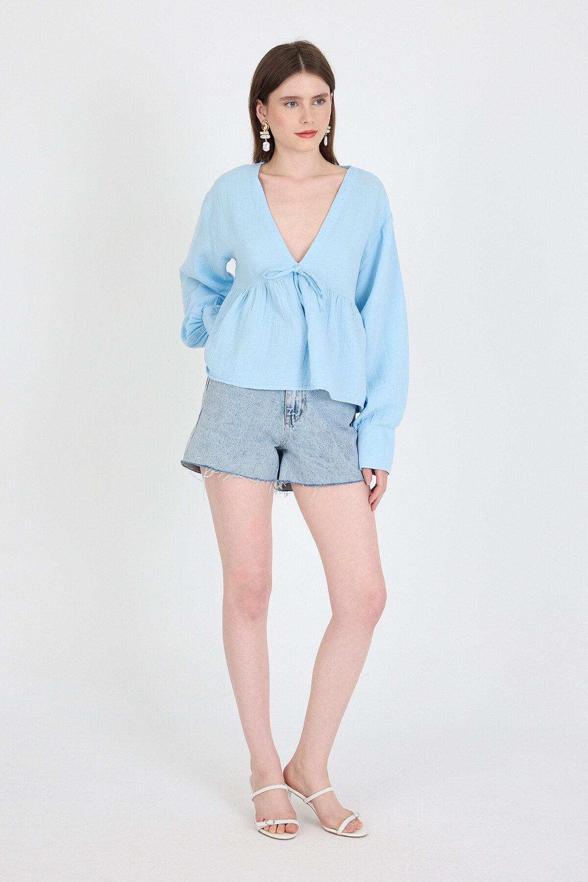 Bebe Mavi %100 Pamuk V Yaka Ön Bağlama Detaylı Bluz 4784A - 3