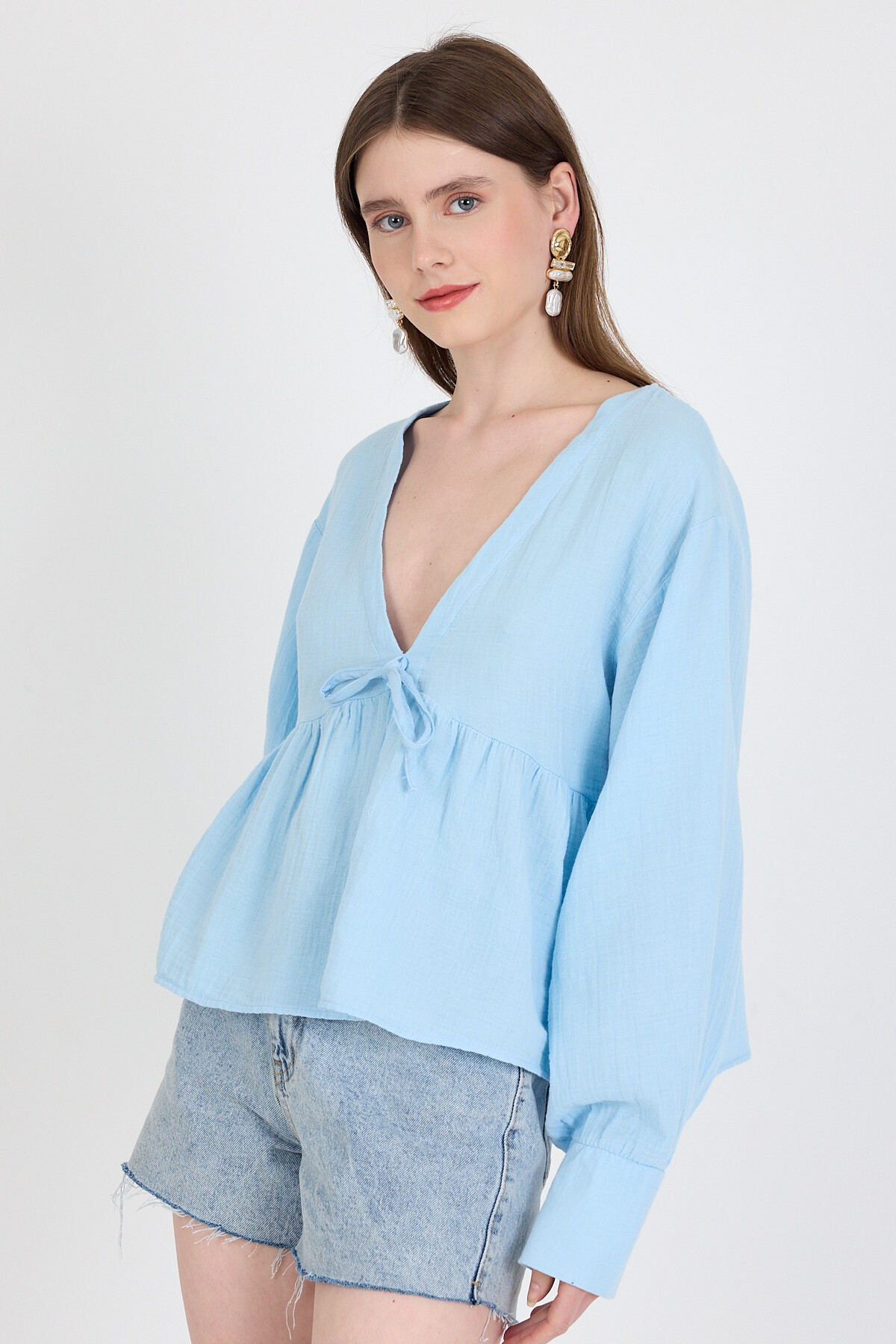 Bebe Mavi %100 Pamuk V Yaka Ön Bağlama Detaylı Bluz 4784A - 6