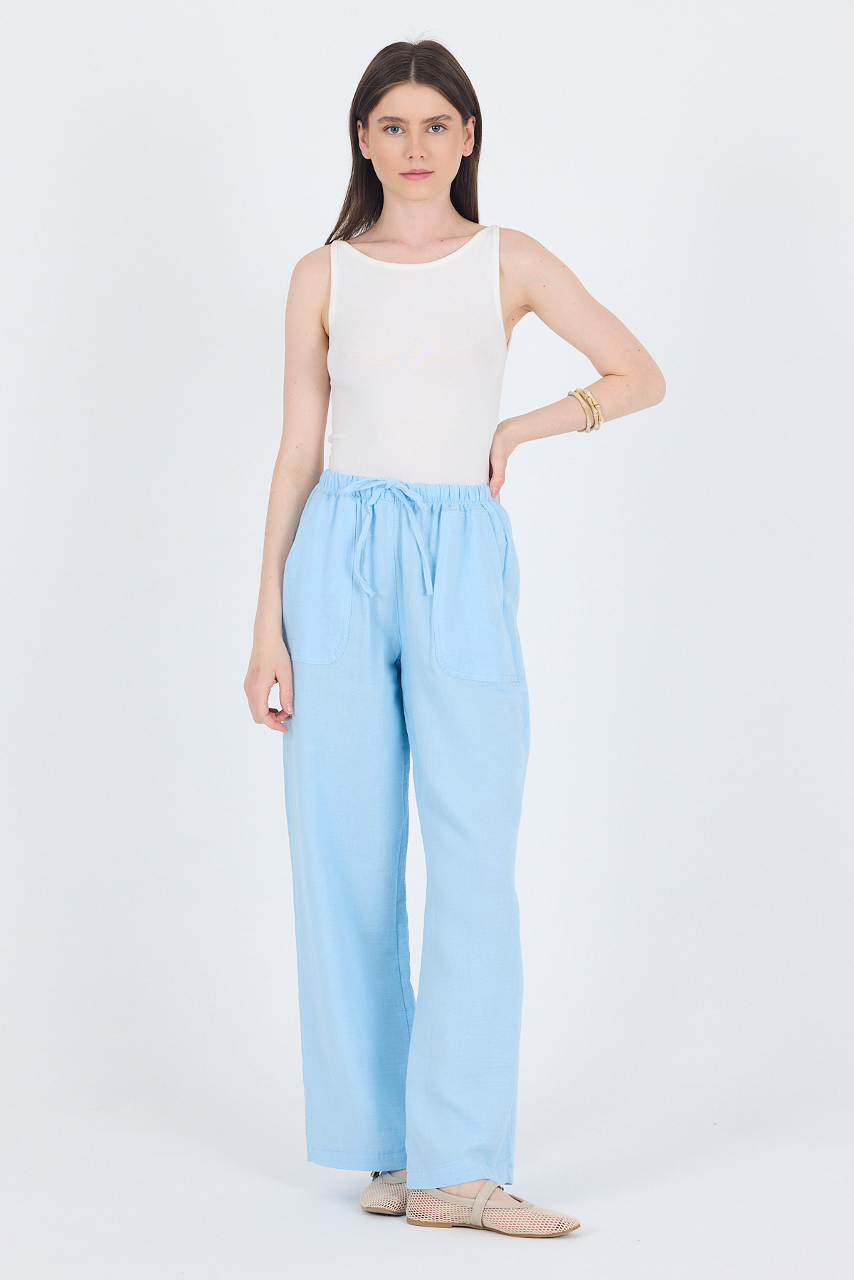 Bebe Mavi Keten Görünümlü %100 Pamuk Cepli Bol Paça Pantolon 8054A - RAYS