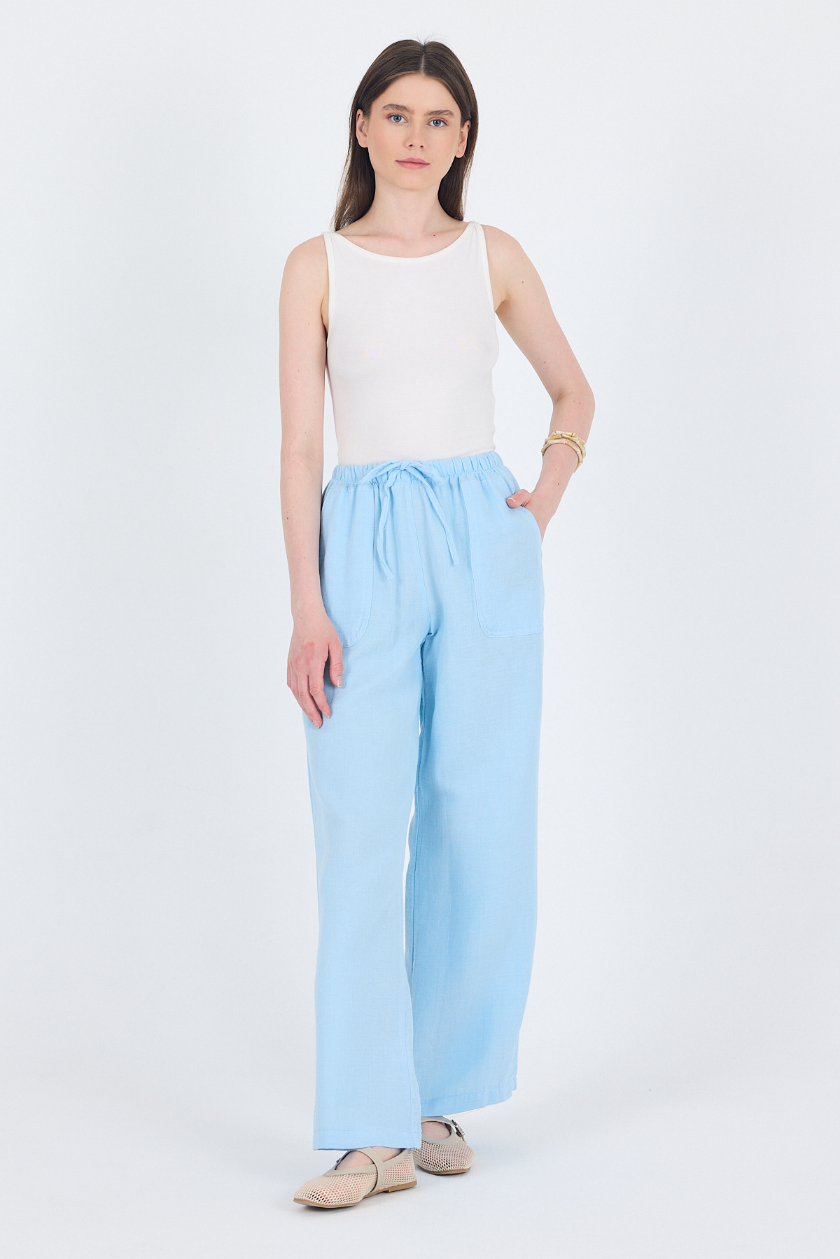 Bebe Mavi Keten Görünümlü %100 Pamuk Cepli Bol Paça Pantolon 8054A - RAYS