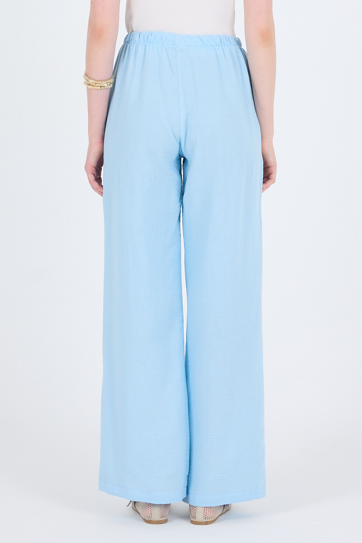 Bebe Mavi Keten Görünümlü %100 Pamuk Cepli Bol Paça Pantolon 8054A - 6