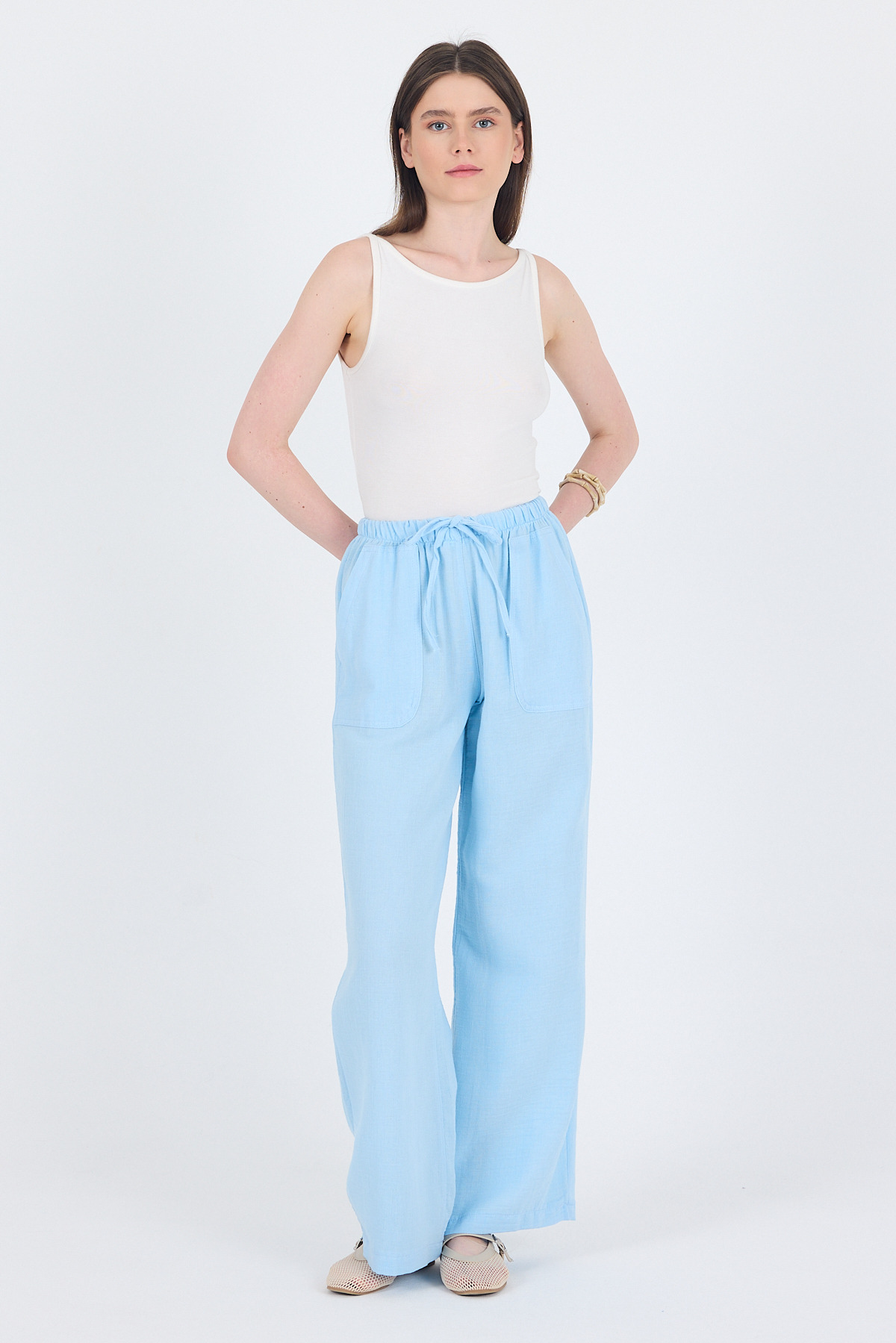 Bebe Mavi Keten Görünümlü %100 Pamuk Cepli Bol Paça Pantolon 8054A - 7