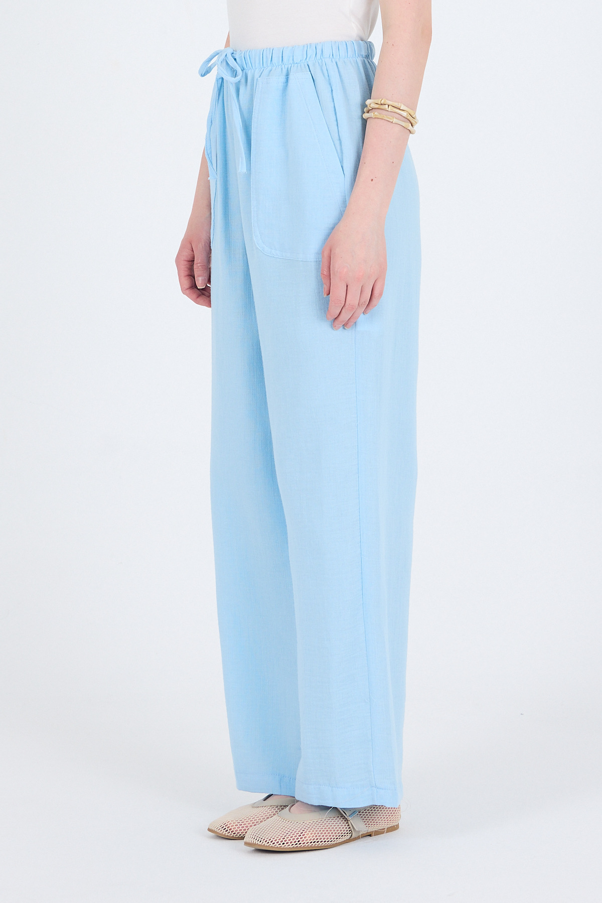 Bebe Mavi Keten Görünümlü %100 Pamuk Cepli Bol Paça Pantolon 8054A - 5