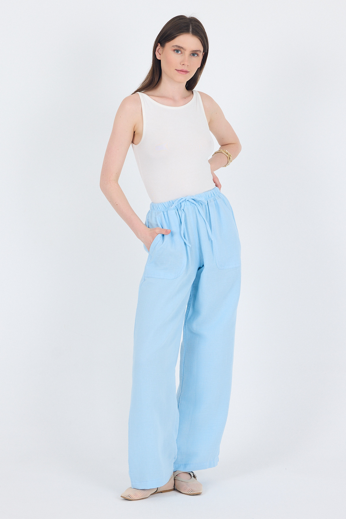 Bebe Mavi Keten Görünümlü %100 Pamuk Cepli Bol Paça Pantolon 8054A - 1