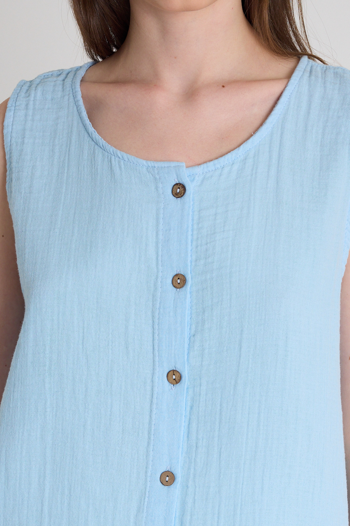 Bebe Mavi Keten Görünümlü %100 Pamuk Düğmeli Kolsuz Bluz 4808A - 4