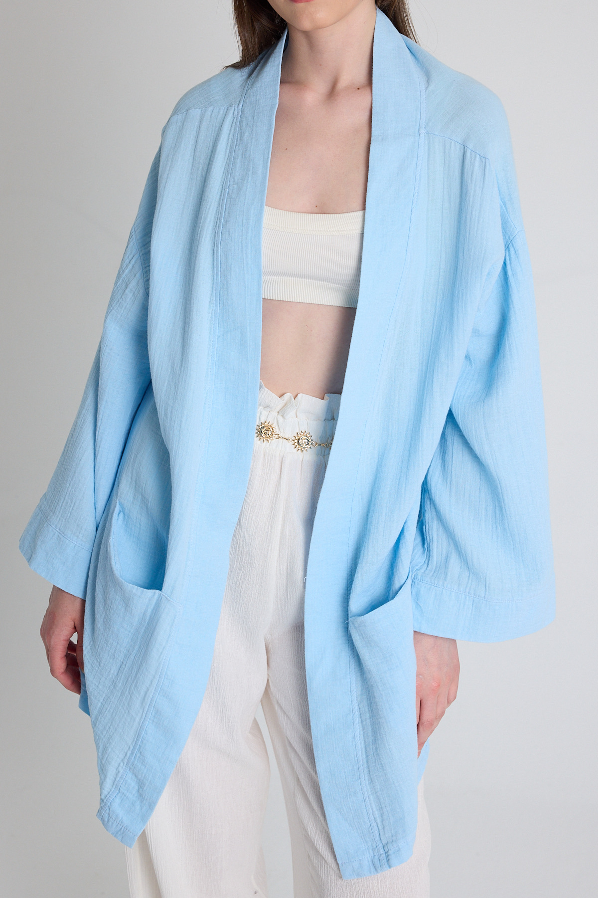 Bebe Mavi Keten Görünümlü %100 Pamuk Geniş Kollu Bağlama Detaylı Kimono 4802A - RAYS