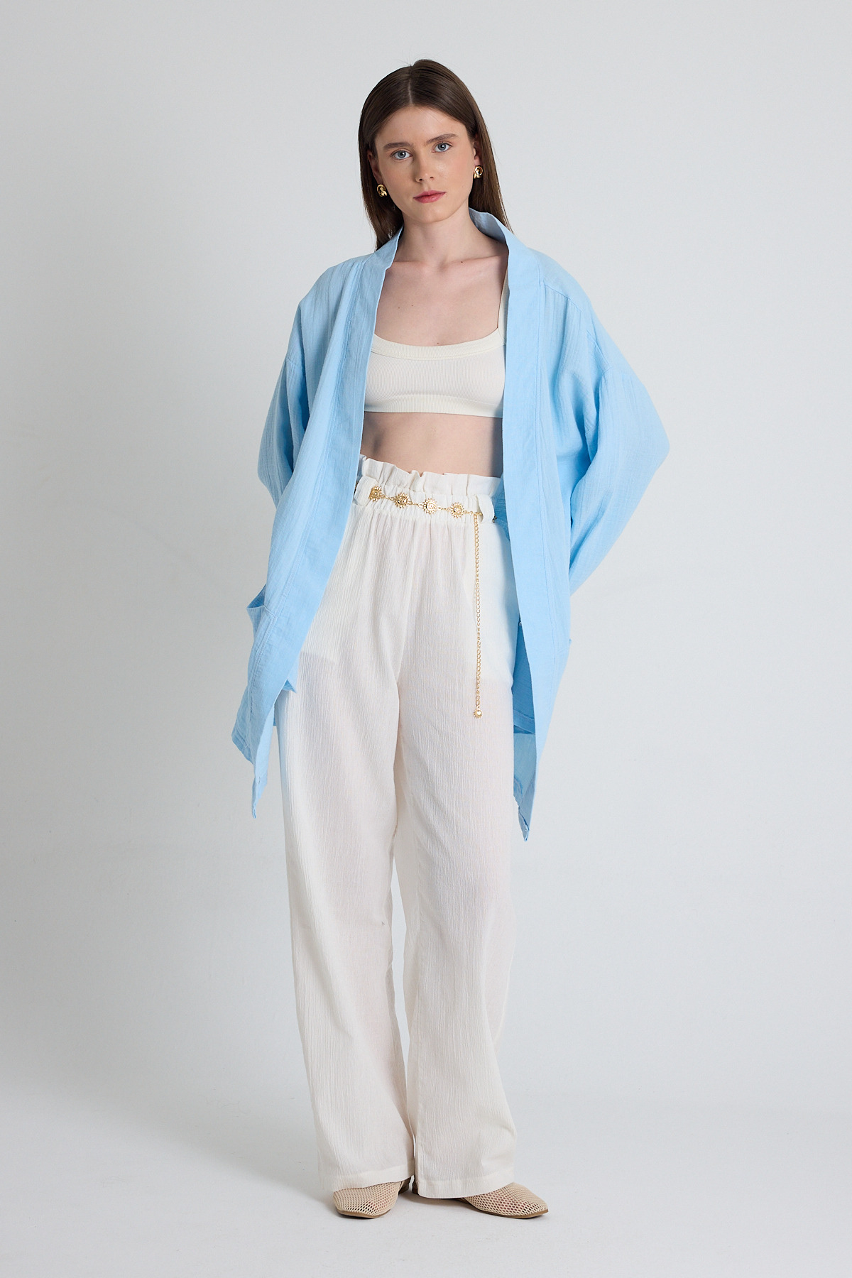 Bebe Mavi Keten Görünümlü %100 Pamuk Geniş Kollu Bağlama Detaylı Kimono 4802A - 2