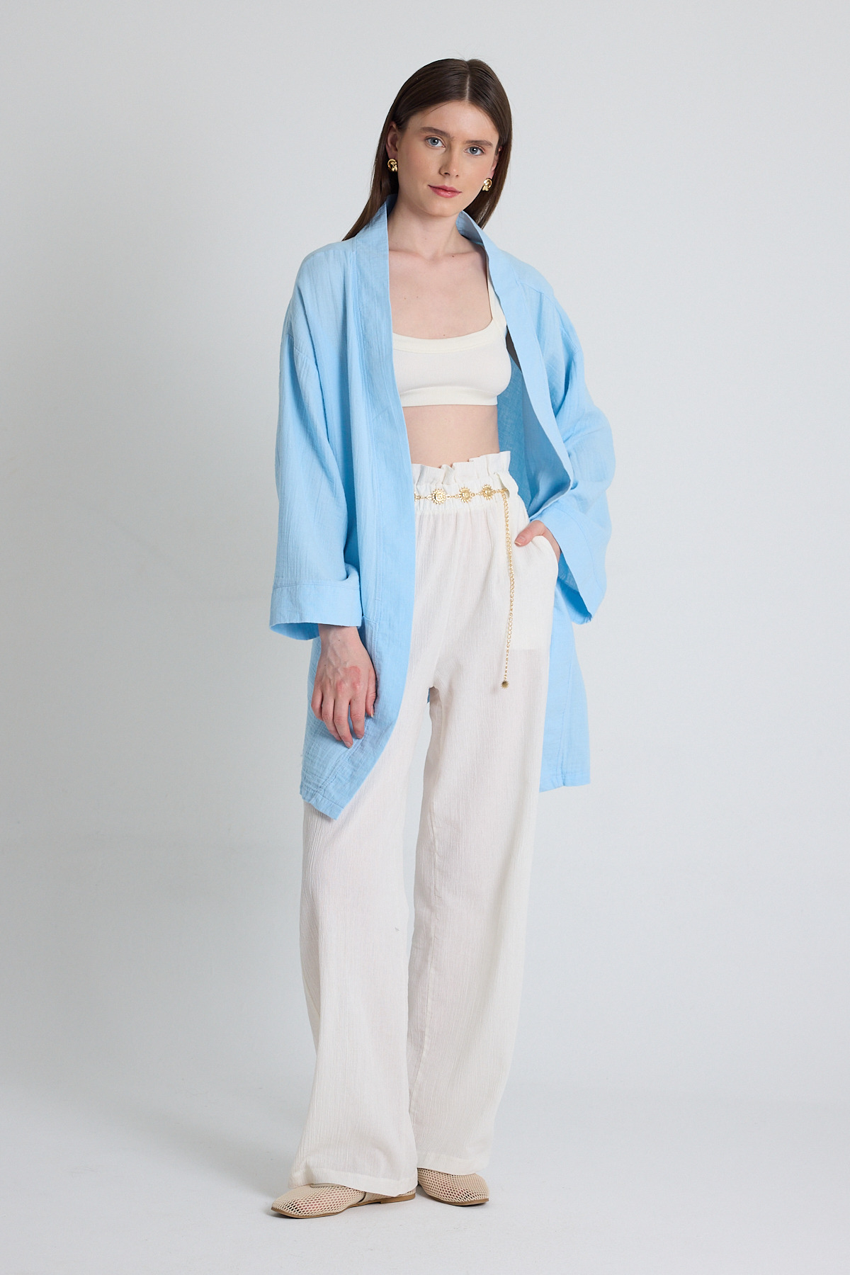 Bebe Mavi Keten Görünümlü %100 Pamuk Geniş Kollu Bağlama Detaylı Kimono 4802A 