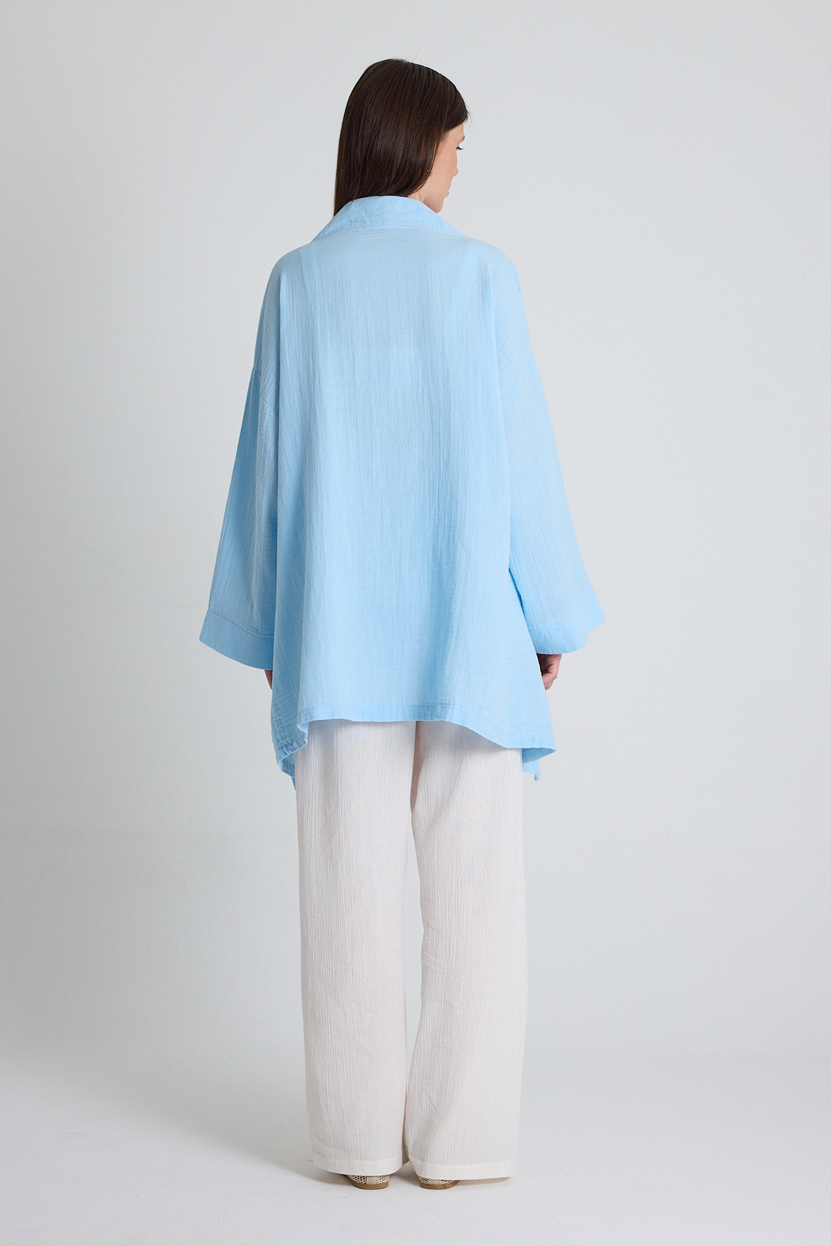 Bebe Mavi Keten Görünümlü %100 Pamuk Geniş Kollu Bağlama Detaylı Kimono 4802A - 5