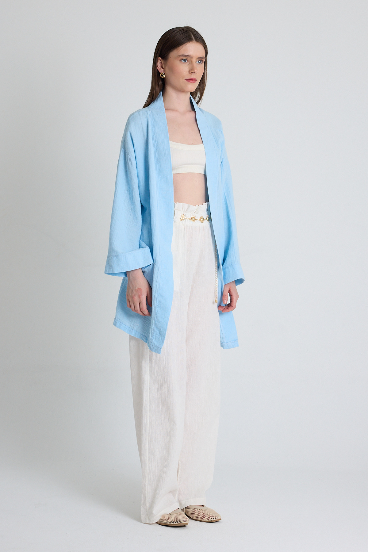 Bebe Mavi Keten Görünümlü %100 Pamuk Geniş Kollu Bağlama Detaylı Kimono 4802A - 3