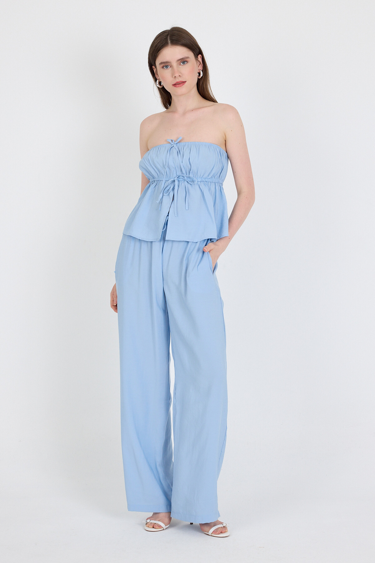 Bebe Mavi Mavi Straplez Bluz ve Geniş Paça Pantolon İkili Takım 5236 - RAYS