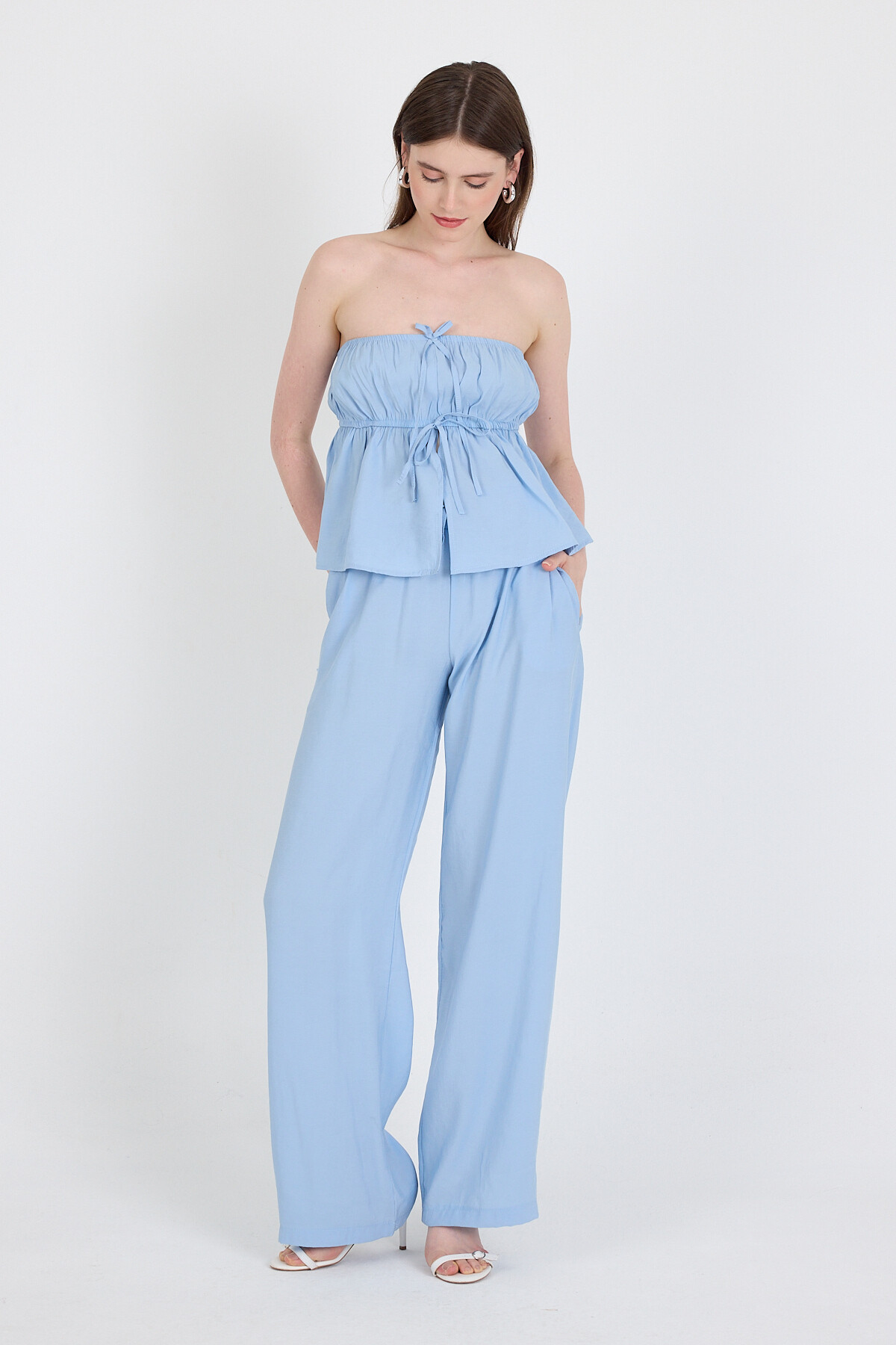 Bebe Mavi Mavi Straplez Bluz ve Geniş Paça Pantolon İkili Takım 5236 - 6