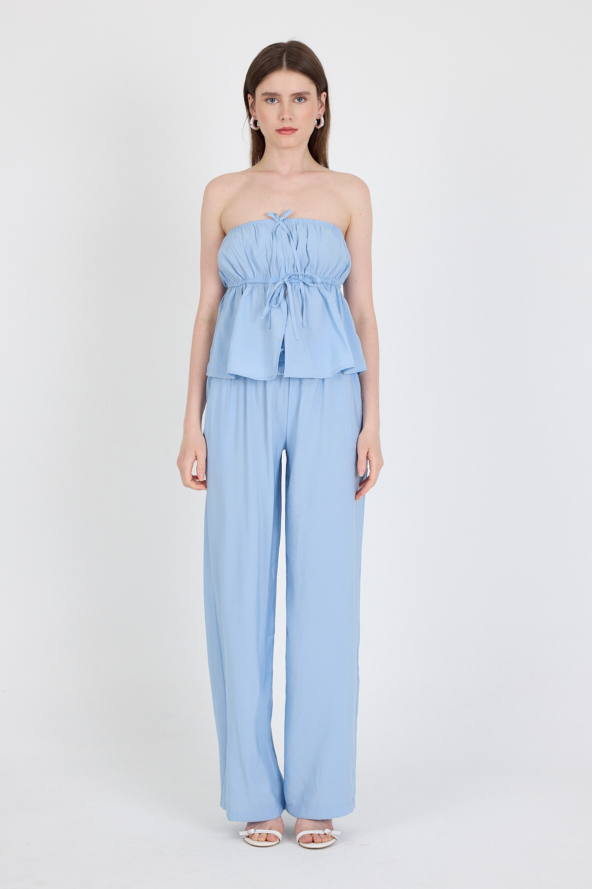 Bebe Mavi Mavi Straplez Bluz ve Geniş Paça Pantolon İkili Takım 5236 - 2