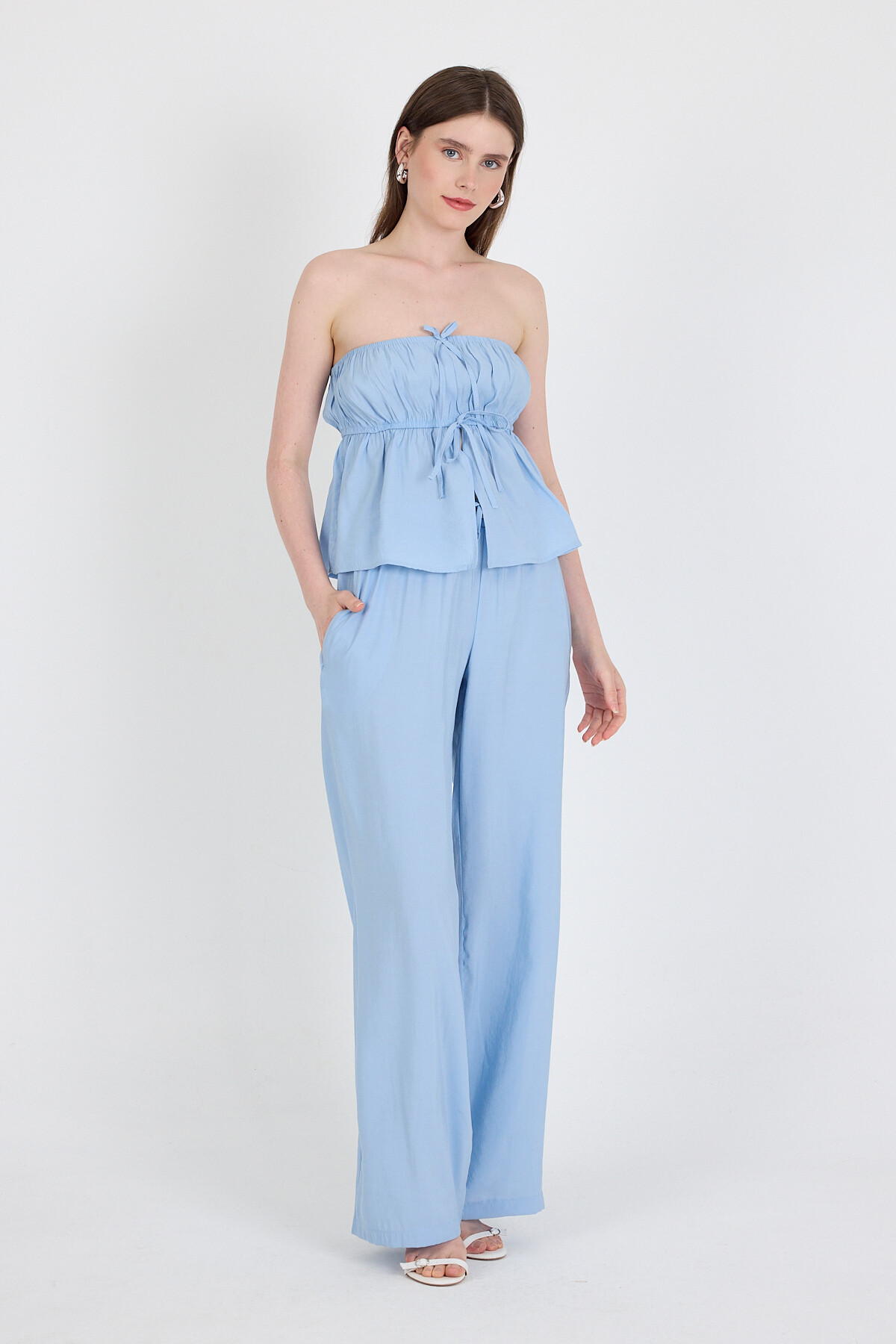 Bebe Mavi Mavi Straplez Bluz ve Geniş Paça Pantolon İkili Takım 5236 - RAYS