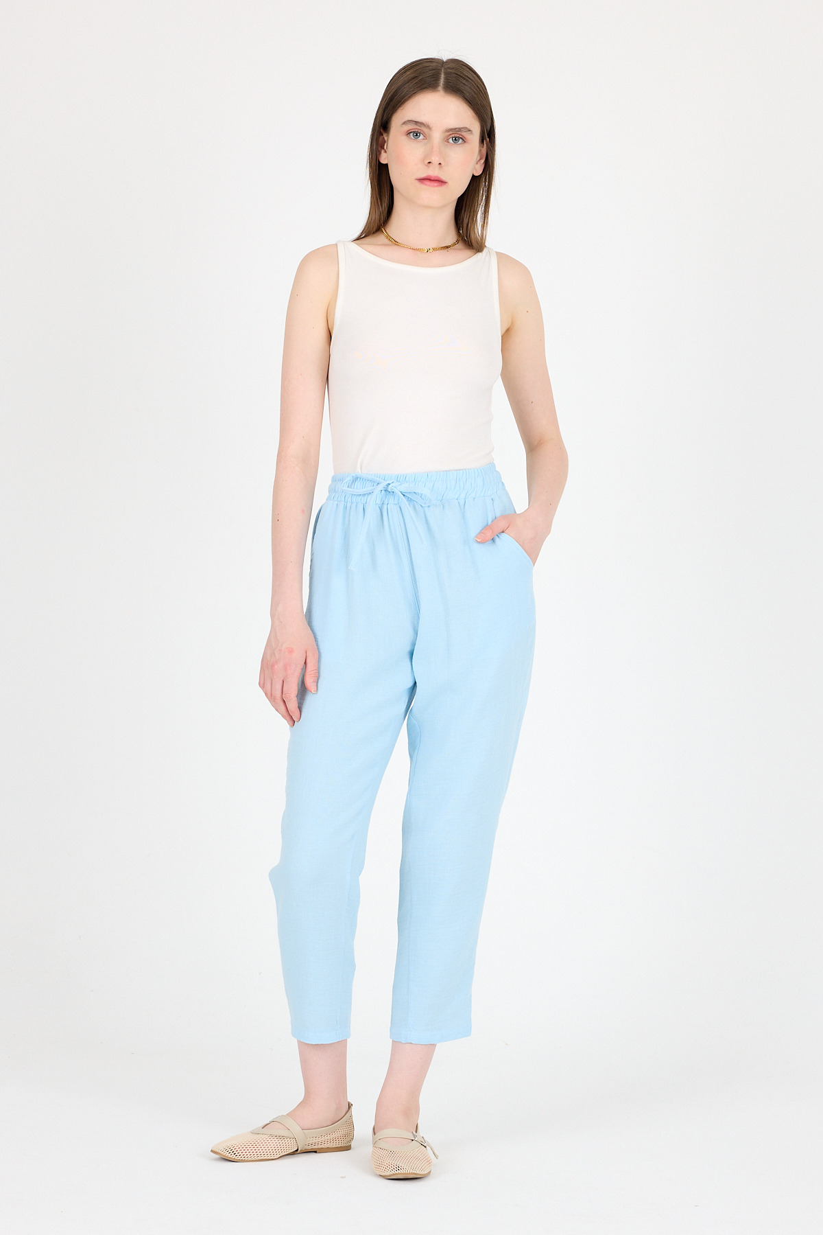 Bebe Mavi Müslin %100 Pamuk Beli Lastikli Pantolon 8055A - RAYS