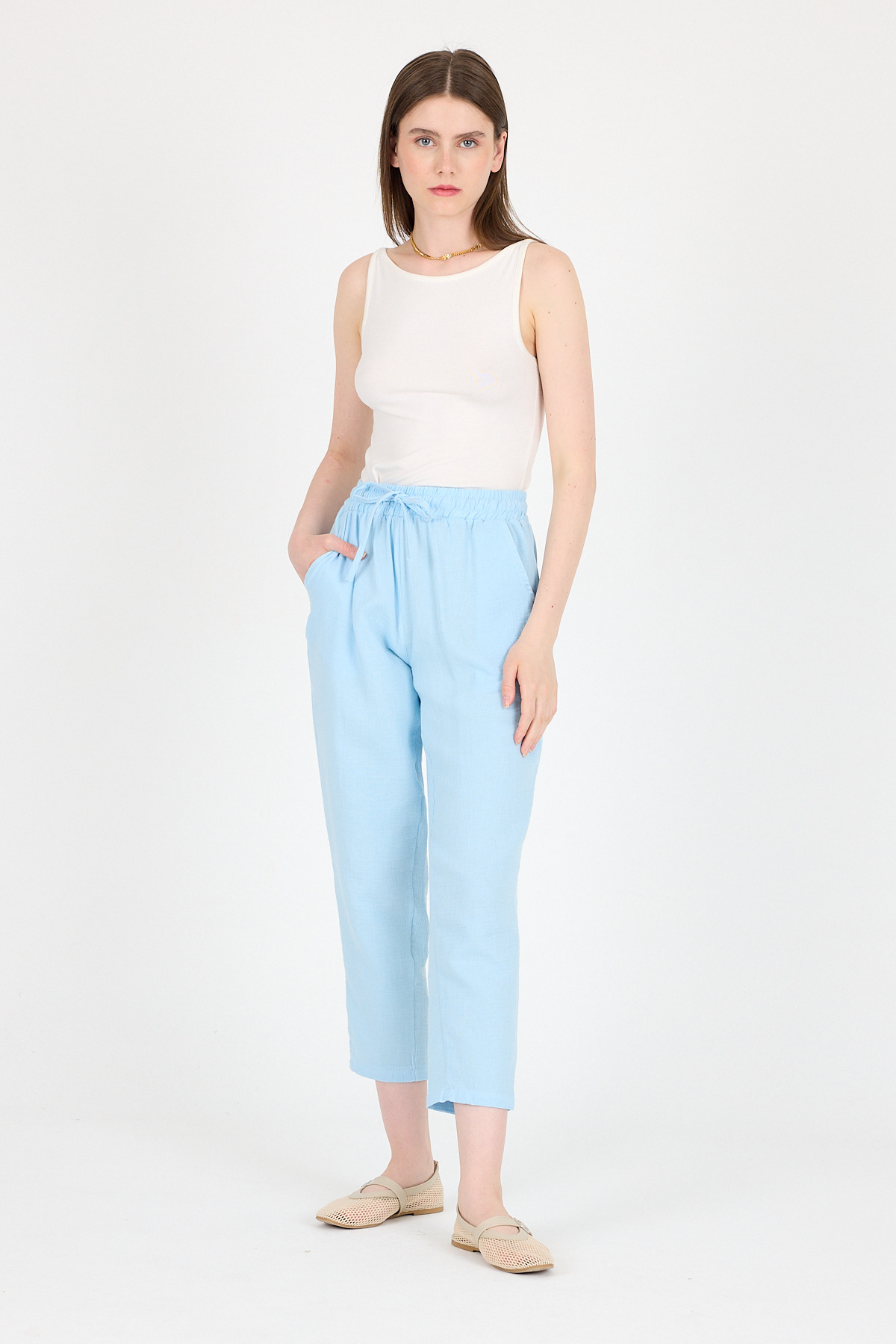 Bebe Mavi Müslin %100 Pamuk Beli Lastikli Pantolon 8055A - 1