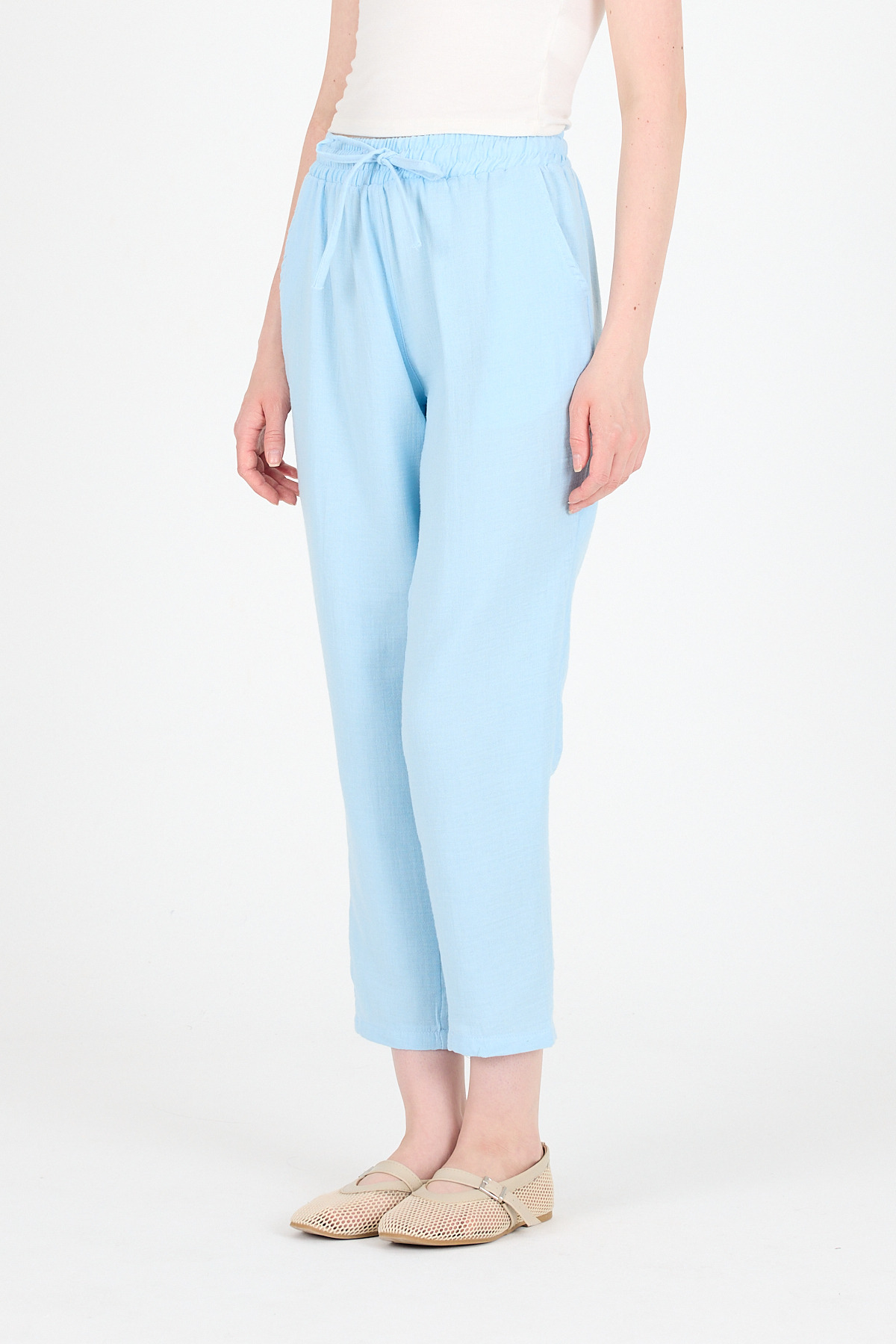 Bebe Mavi Müslin %100 Pamuk Beli Lastikli Pantolon 8055A - 3