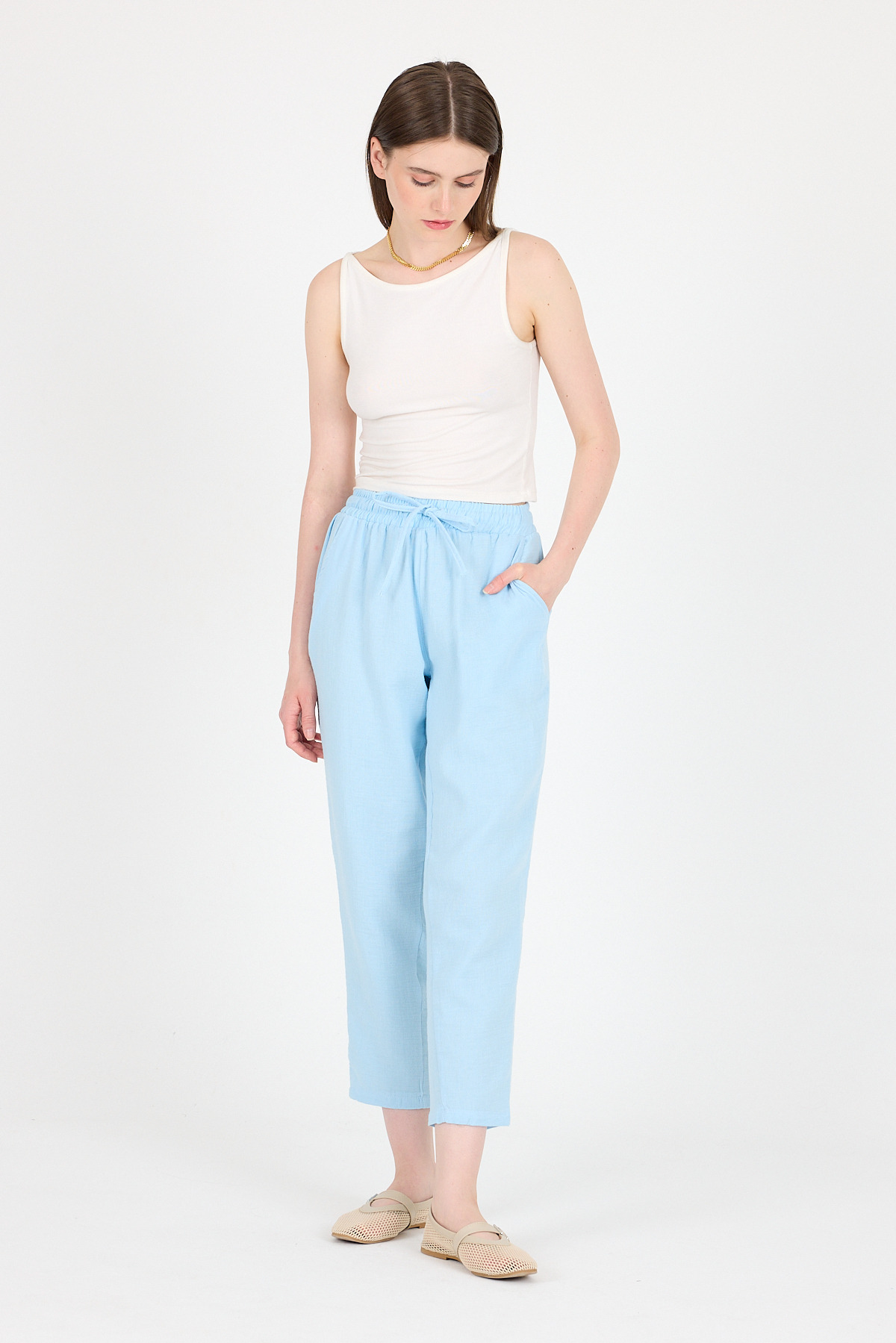 Bebe Mavi Müslin %100 Pamuk Beli Lastikli Pantolon 8055A - 6