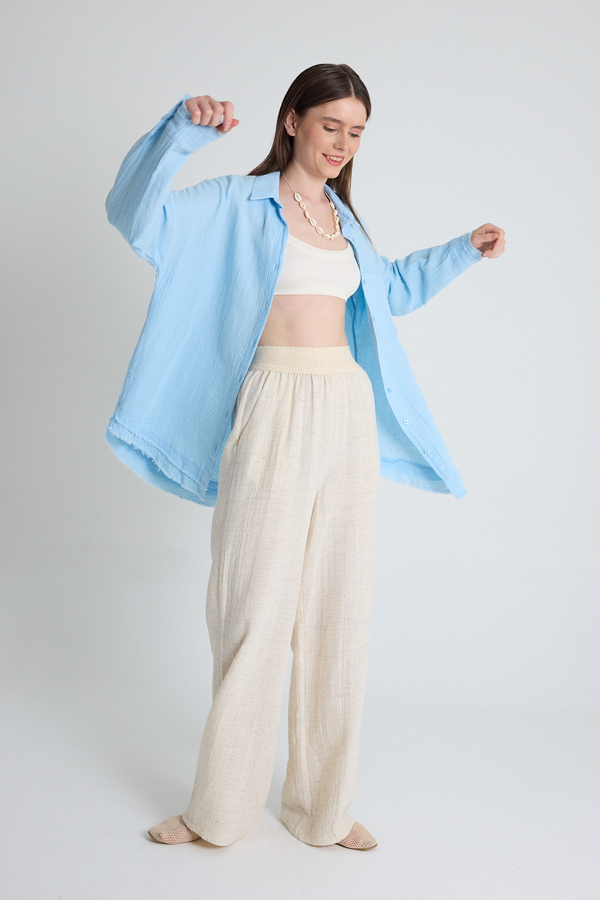 Bebe Mavi Oversize %100 Pamuk Müslin Gömlek 4786A - 3
