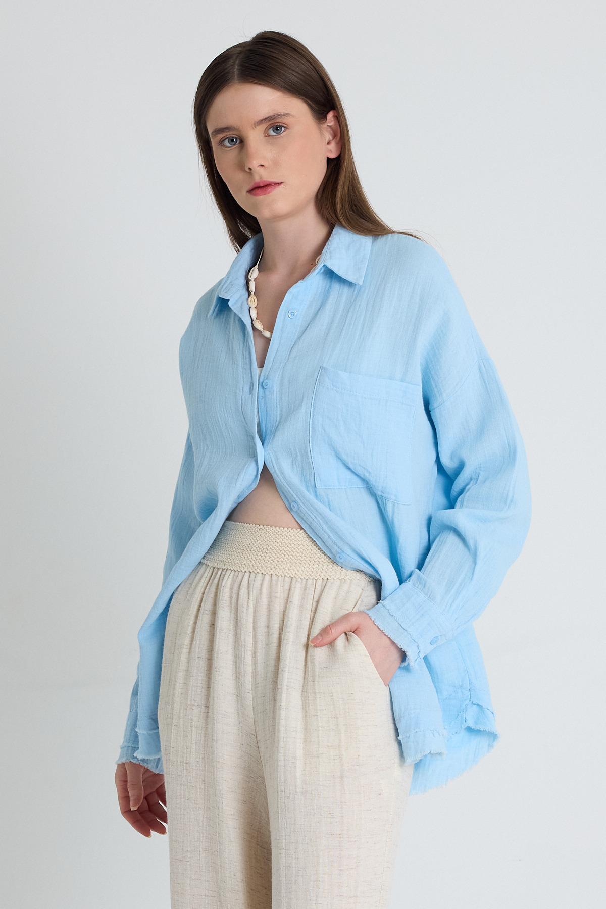 Bebe Mavi Oversize %100 Pamuk Müslin Gömlek 4786A - 6