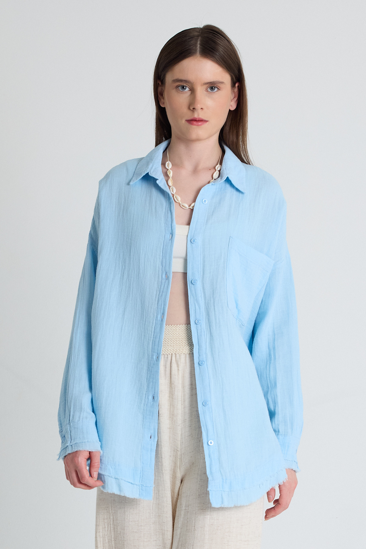 Bebe Mavi Oversize %100 Pamuk Müslin Gömlek 4786A - 2