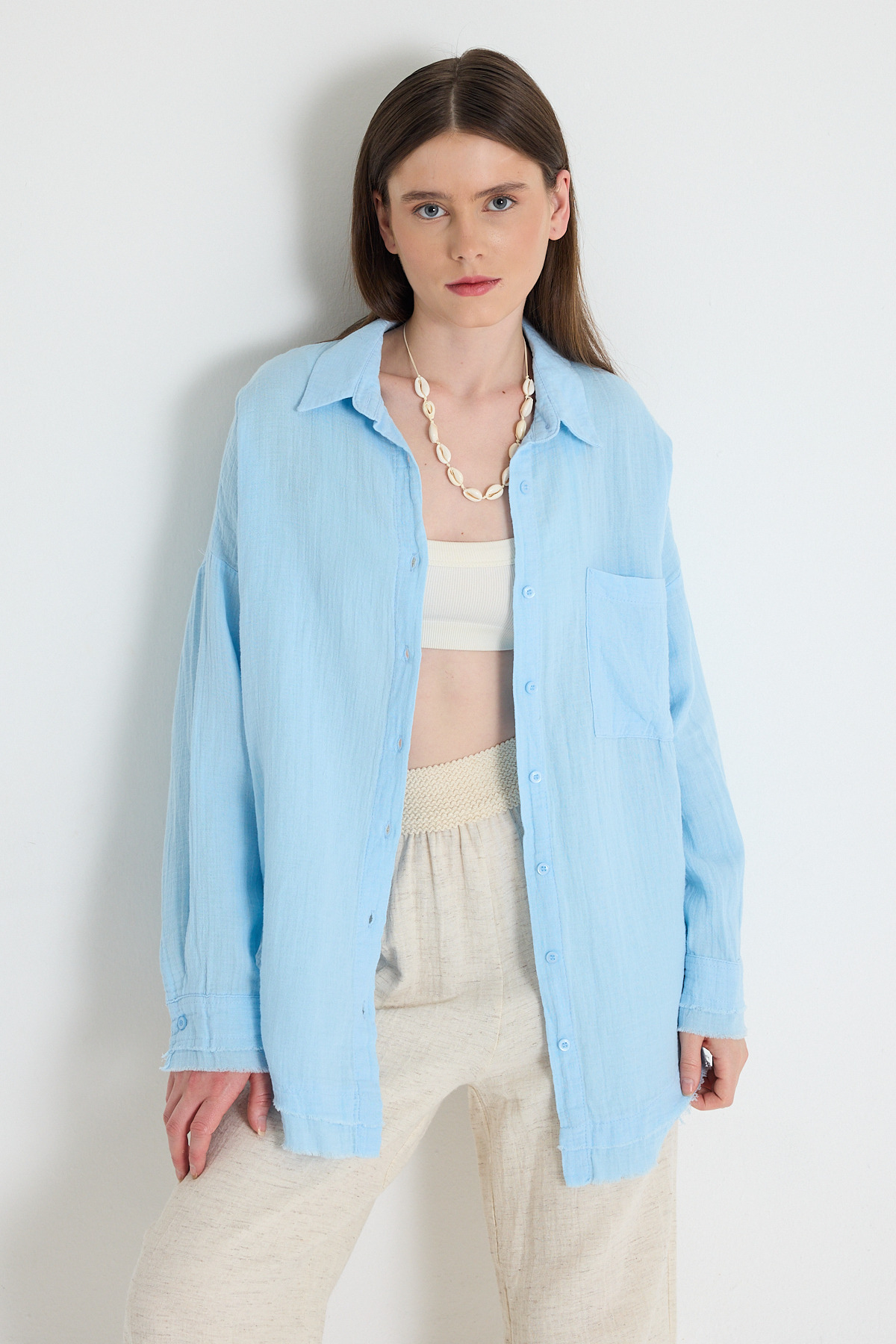 Bebe Mavi Oversize %100 Pamuk Müslin Gömlek 4786A 