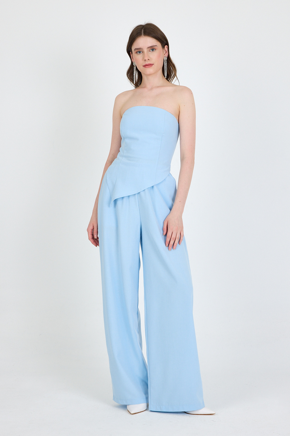 Bebe Mavi Straplez Asimetrik Bluz Pantolon Takım 5234 - RAYS