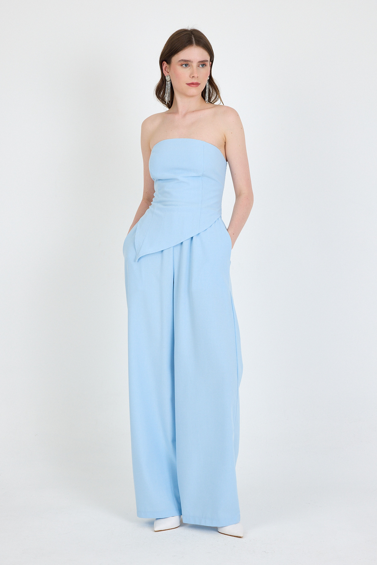 Bebe Mavi Straplez Asimetrik Bluz Pantolon Takım 5234 - RAYS