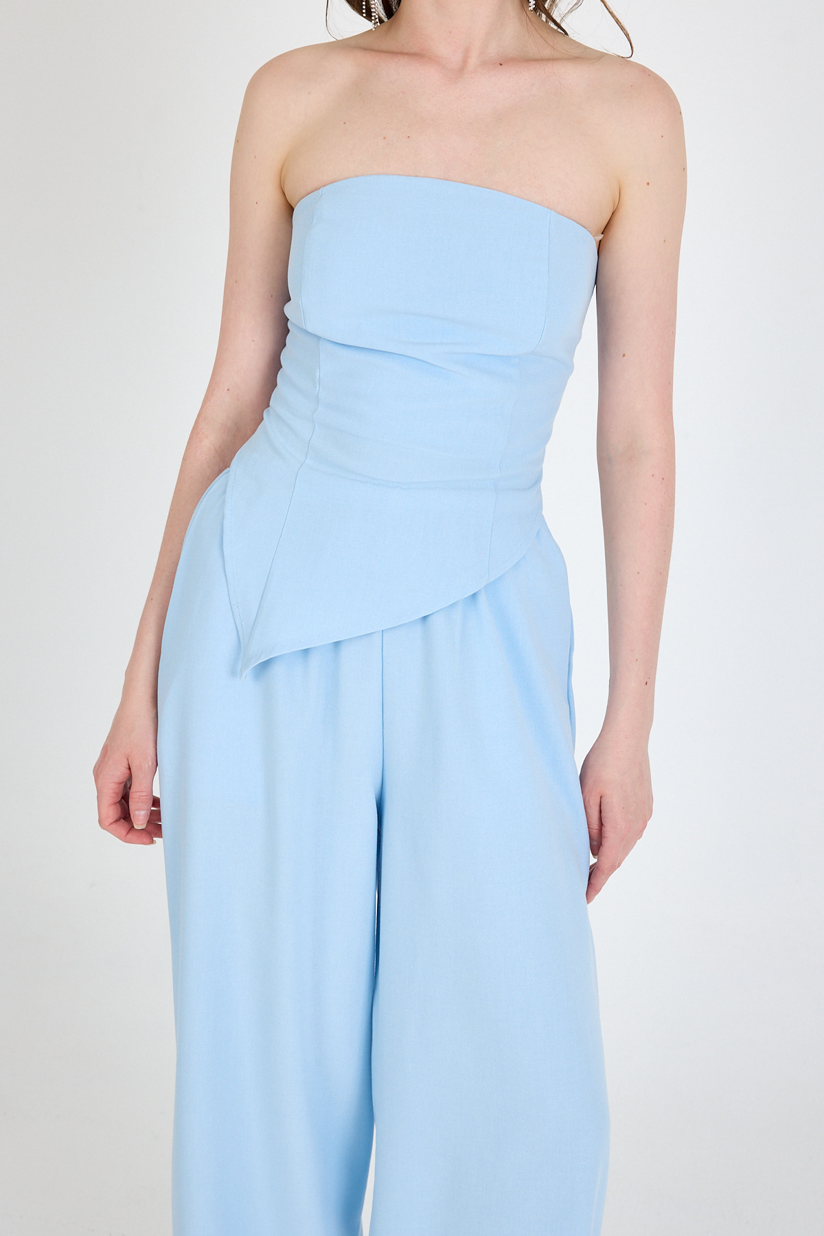 Bebe Mavi Straplez Asimetrik Bluz Pantolon Takım 5234 - RAYS