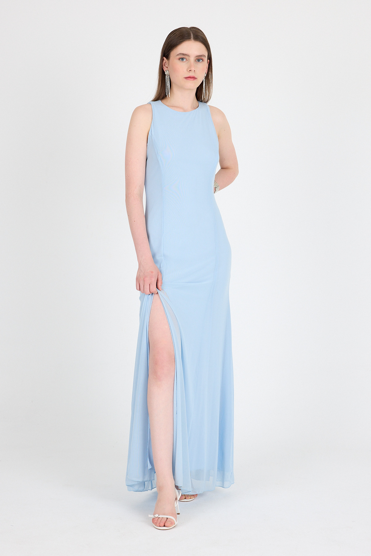 Bebe Mavi Yandan Yırtmaçlı Tül Uzun Elbise 251657 - 2