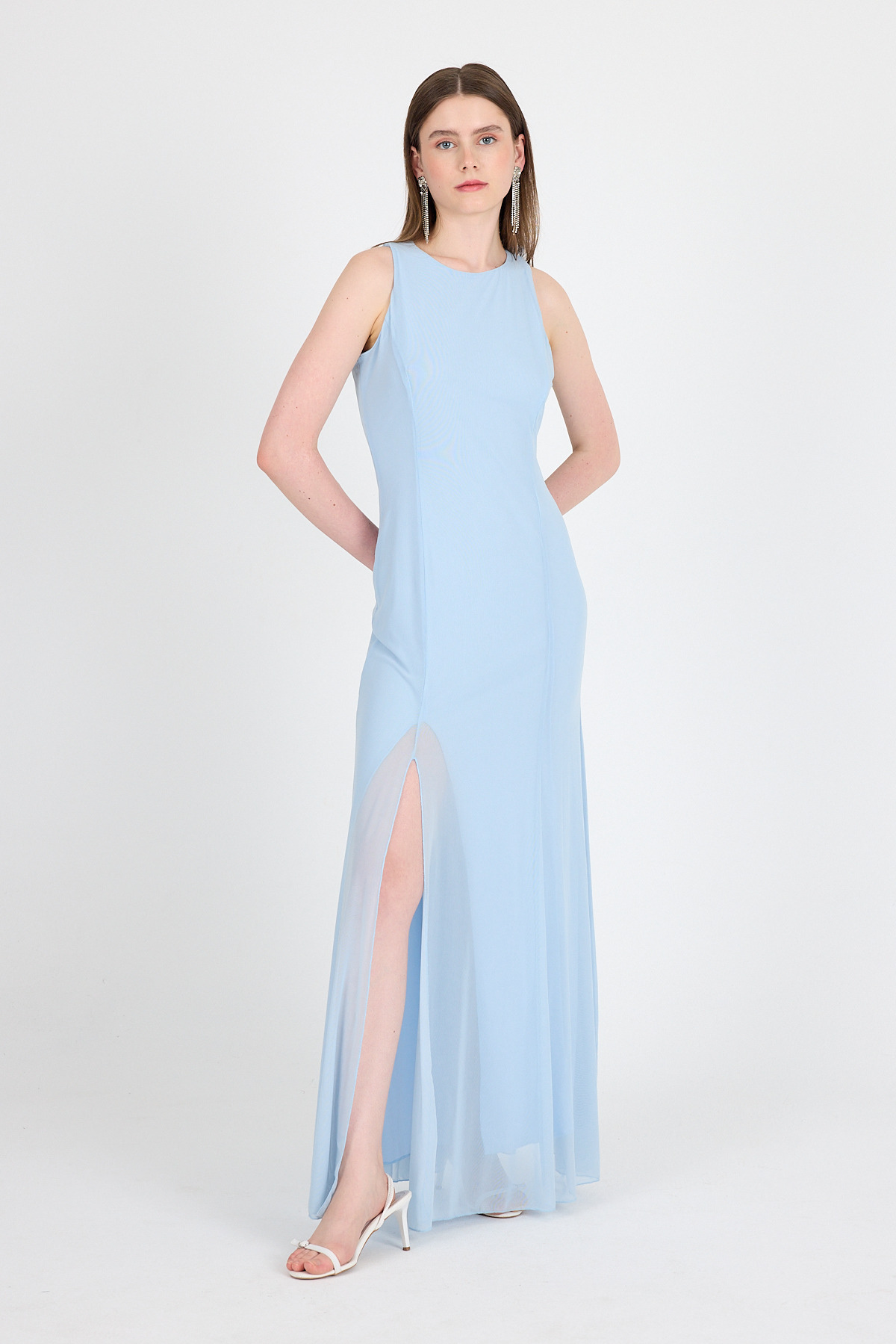 Bebe Mavi Yandan Yırtmaçlı Tül Uzun Elbise 251657 - RAYS