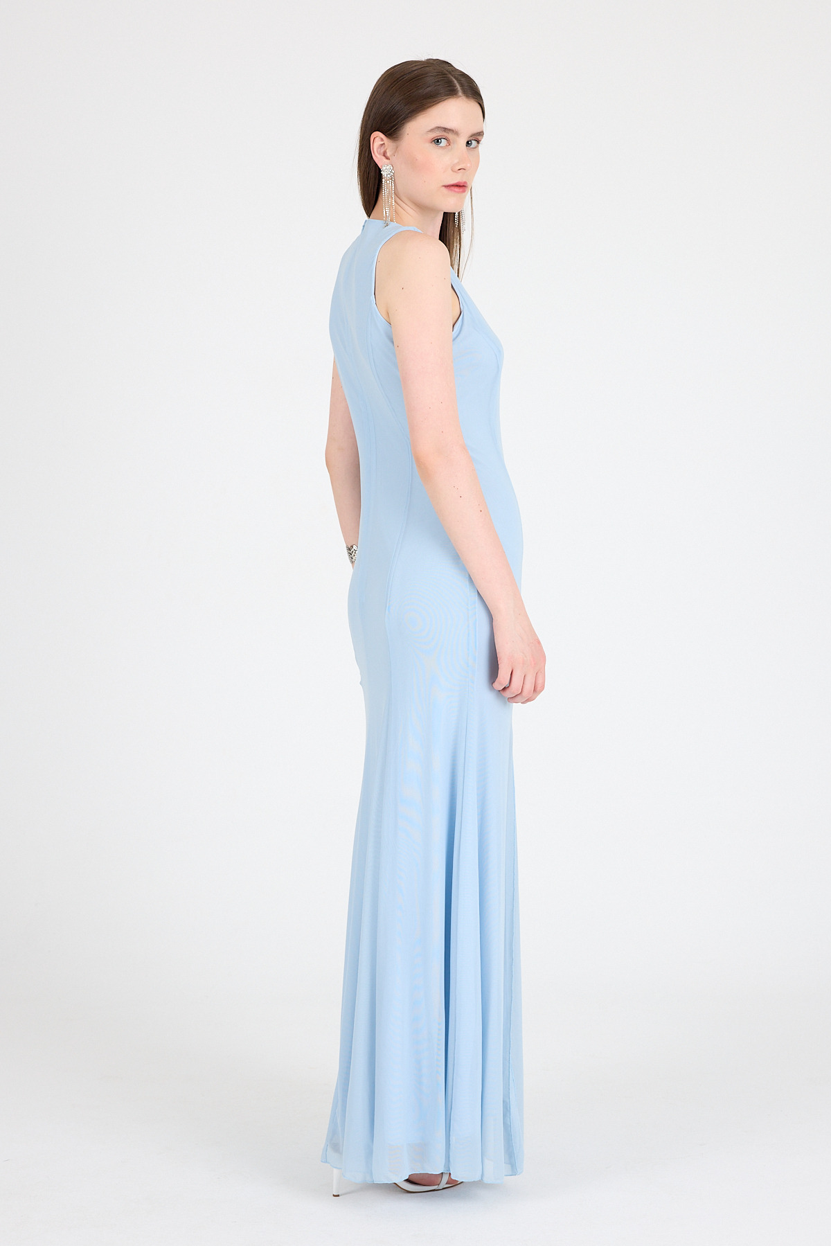 Bebe Mavi Yandan Yırtmaçlı Tül Uzun Elbise 251657 - 5