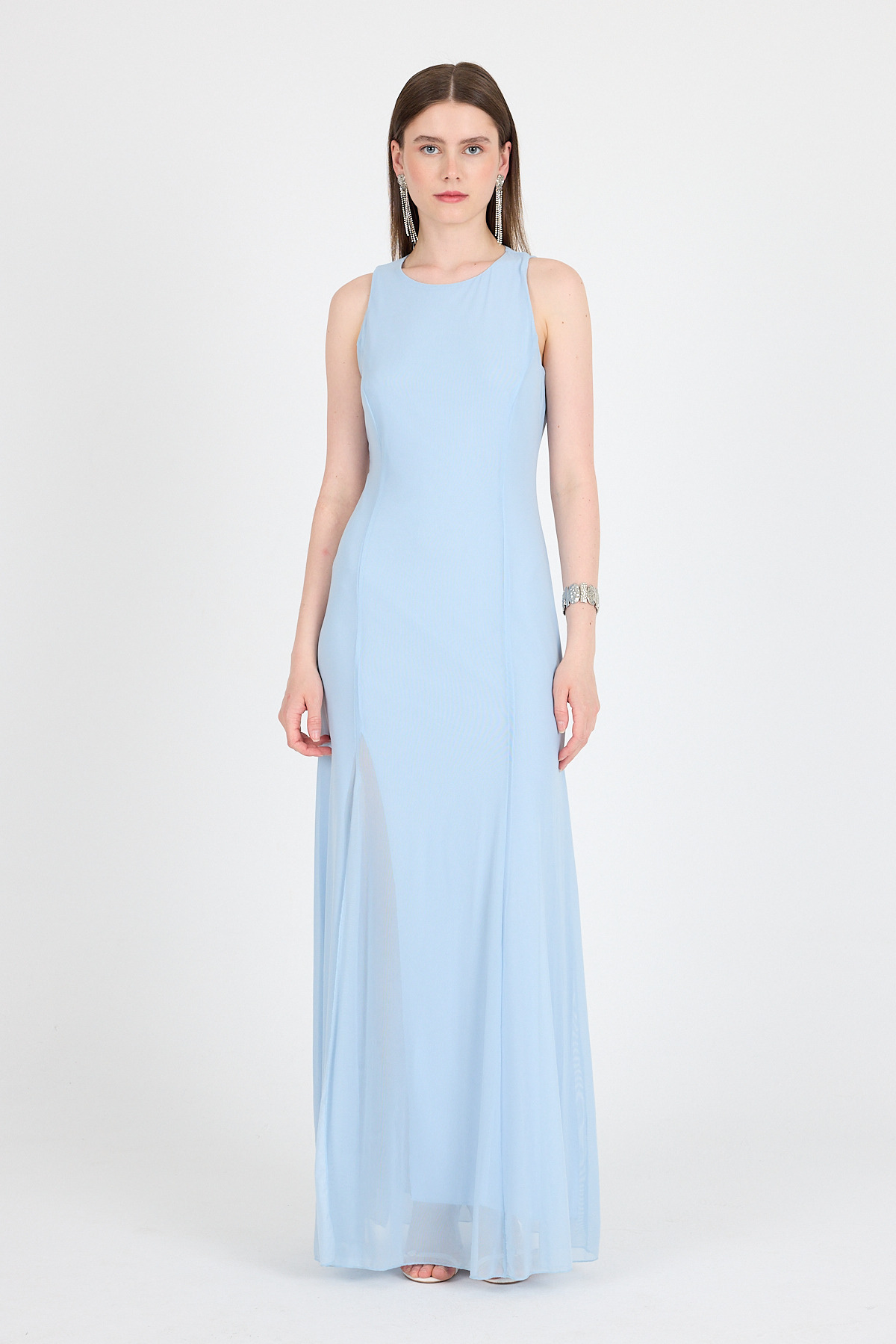 Bebe Mavi Yandan Yırtmaçlı Tül Uzun Elbise 251657 - 6