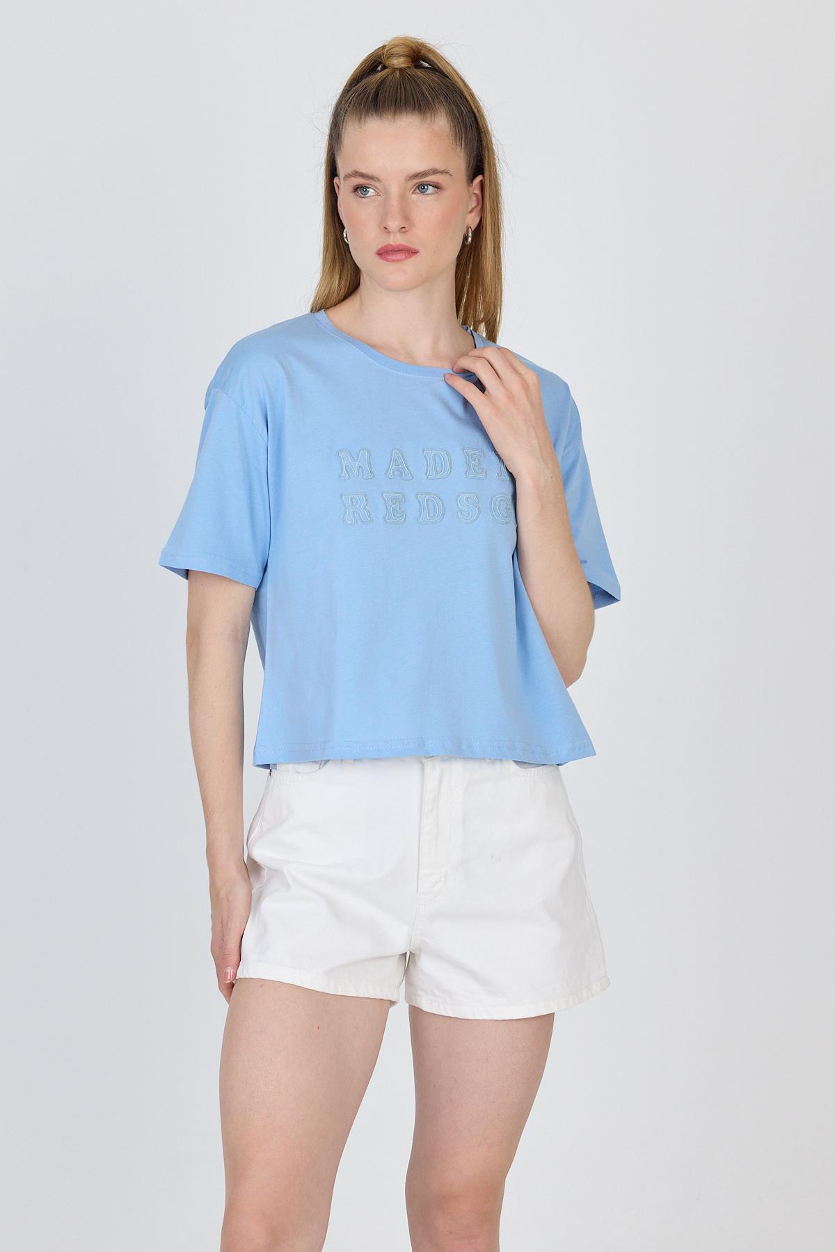 Bebe Mavi Yazı Nakışlı Crop Tişört 25259 - 1