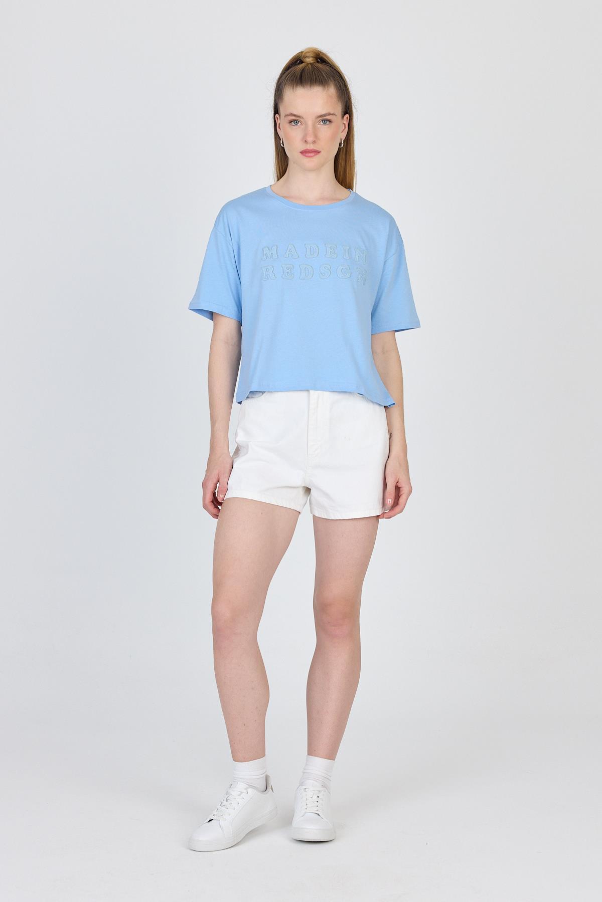 Bebe Mavi Yazı Nakışlı Crop Tişört 25259 - RAYS