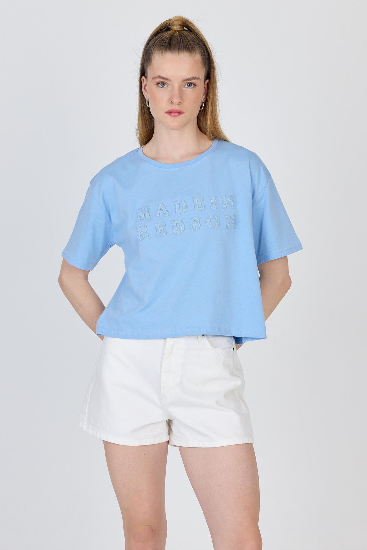 Bebe Mavi Yazı Nakışlı Crop Tişört 25259 - 3