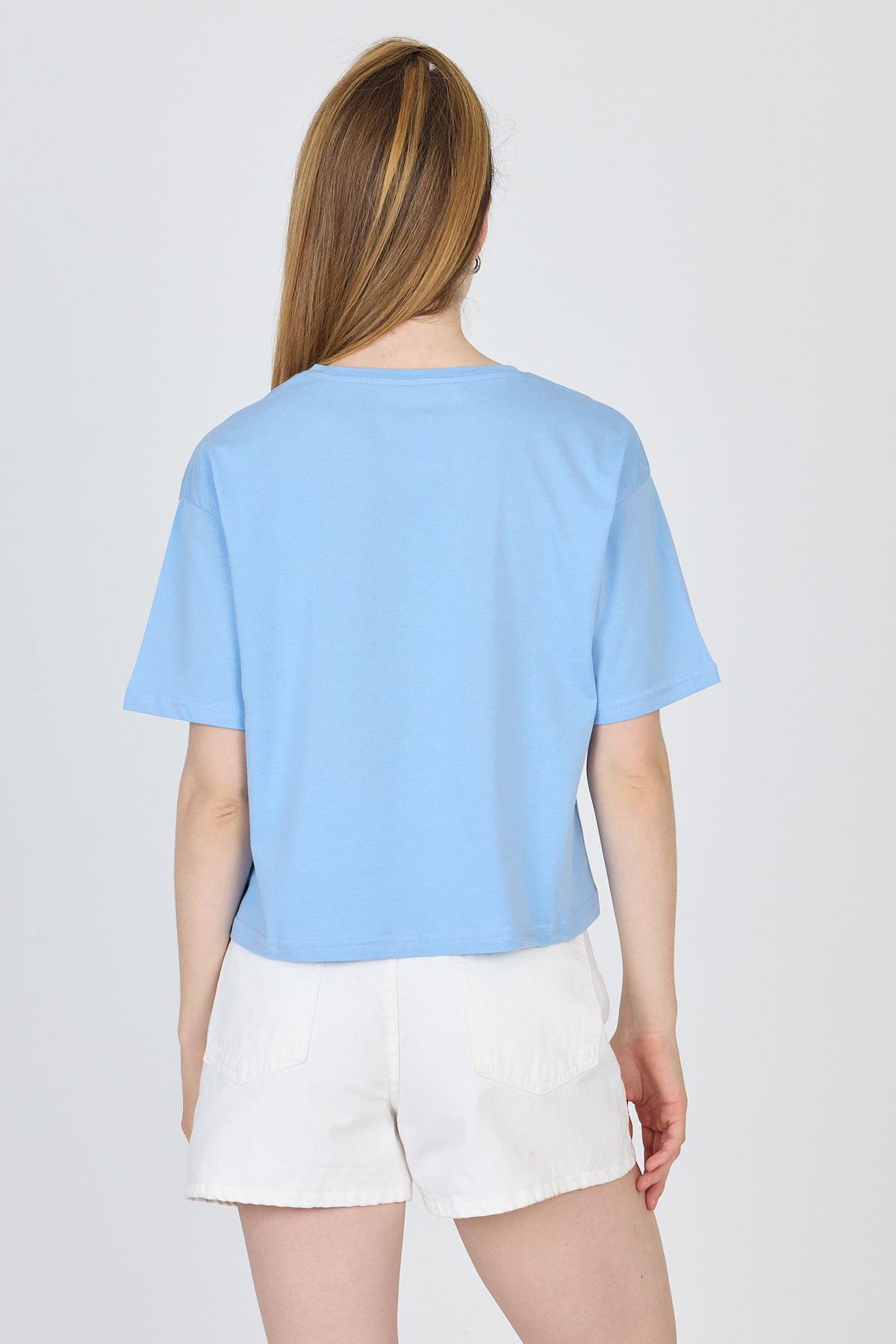 Bebe Mavi Yazı Nakışlı Crop Tişört 25259 - 5