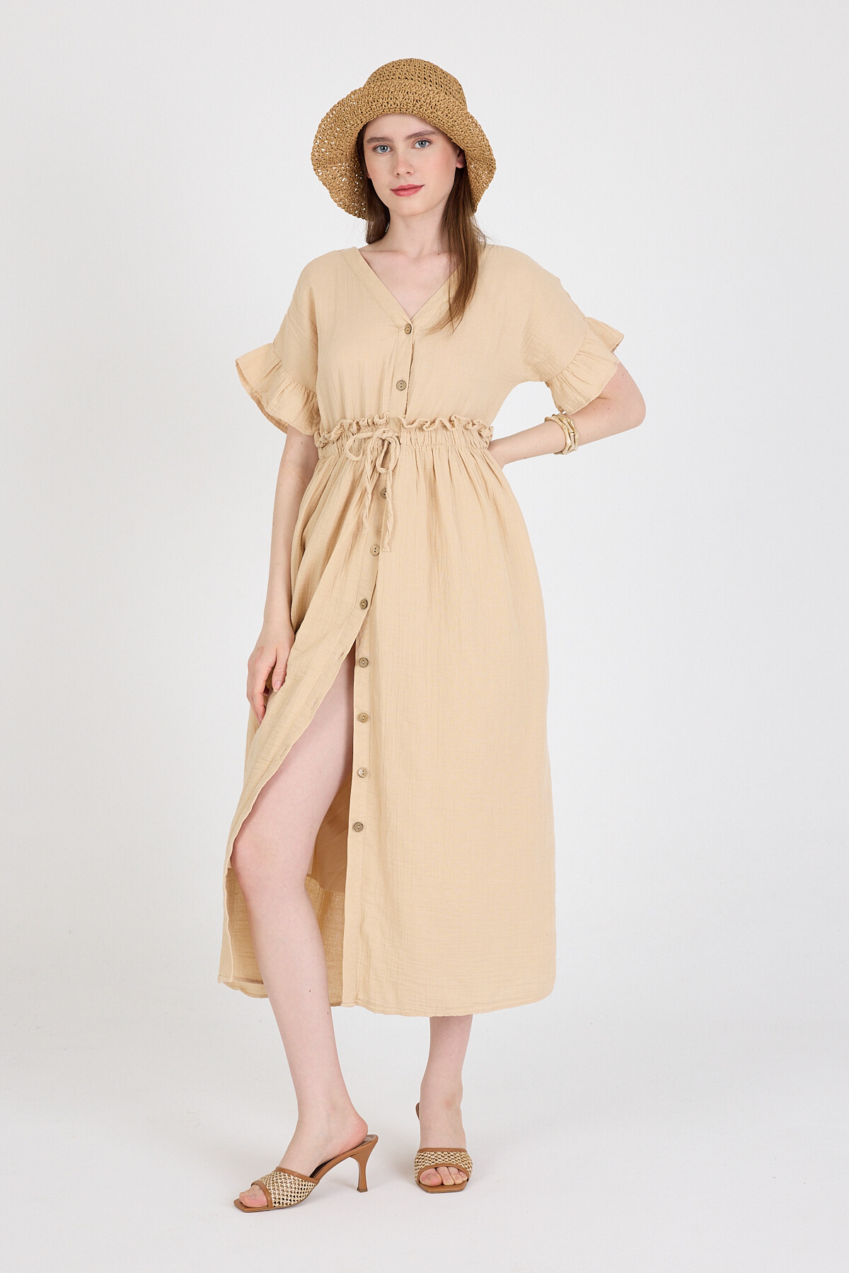 Bej %100 Pamuk Fırfır Kol Detaylı Düğmeli Elbise 4781A - RAYS