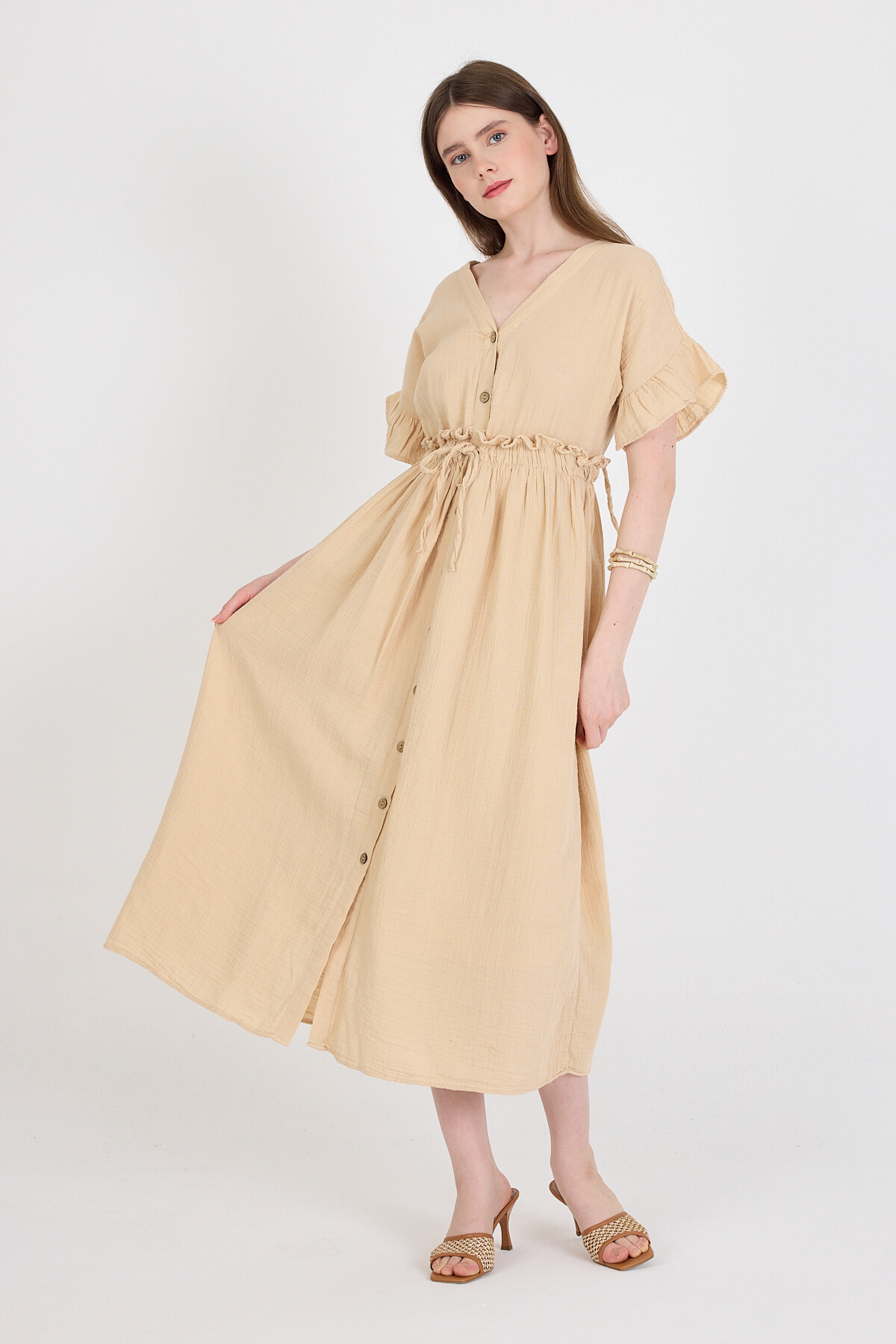 Bej %100 Pamuk Fırfır Kol Detaylı Düğmeli Elbise 4781A - 3
