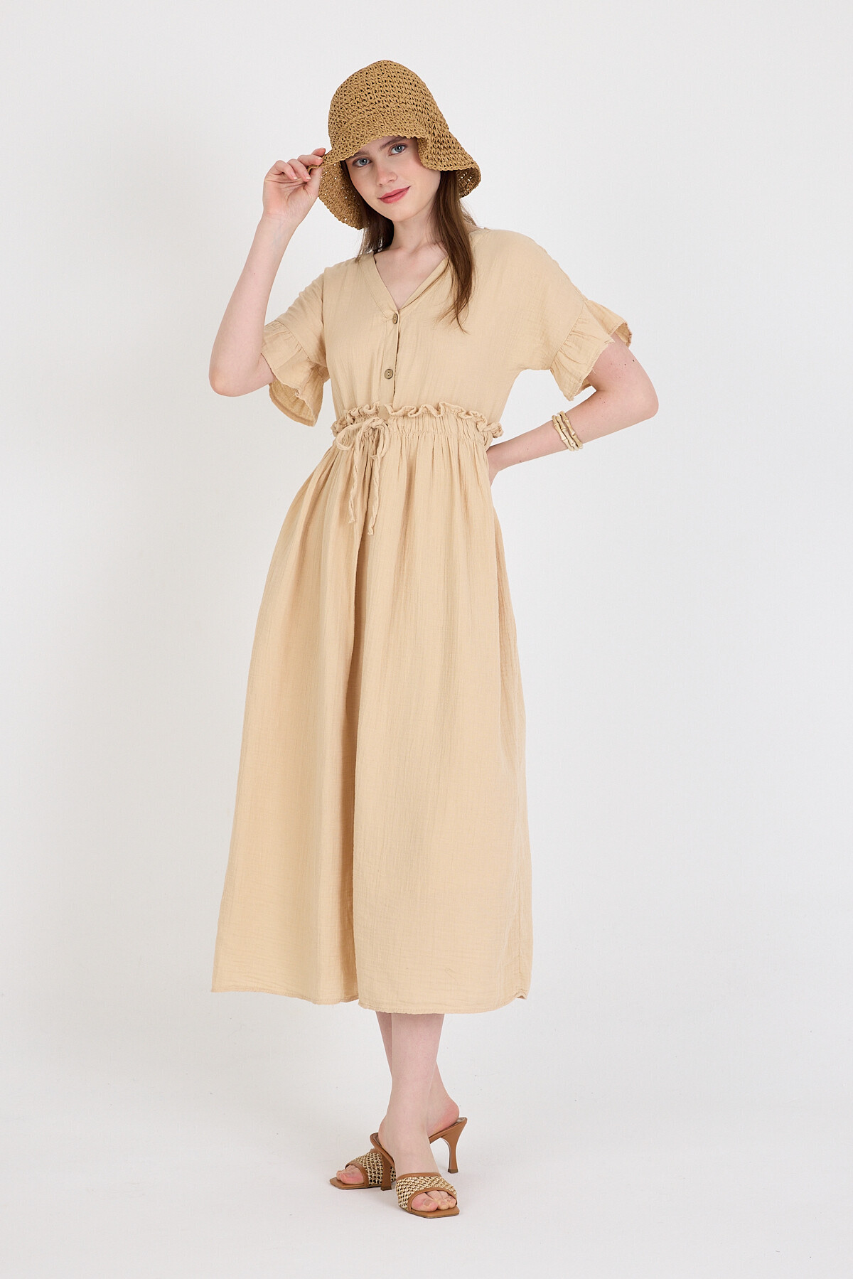 Bej %100 Pamuk Fırfır Kol Detaylı Düğmeli Elbise 4781A - 6