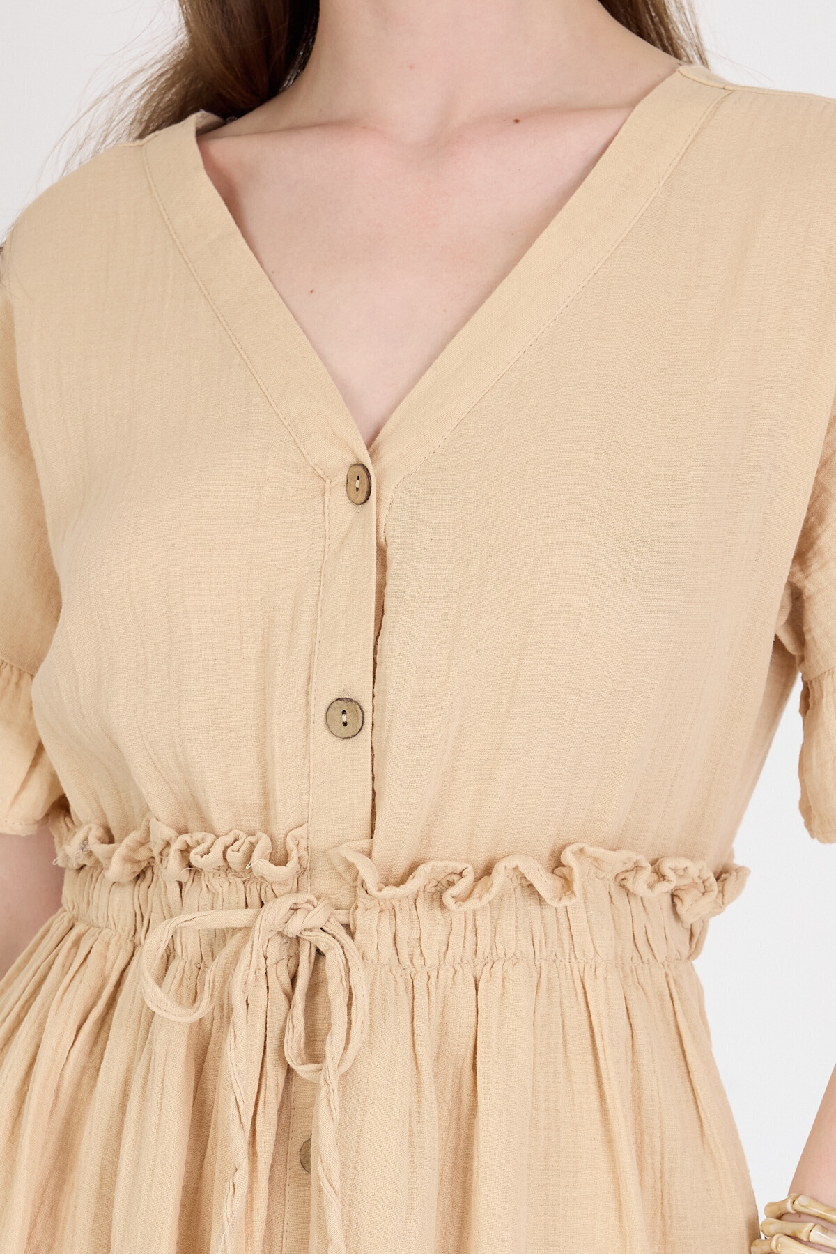 Bej %100 Pamuk Fırfır Kol Detaylı Düğmeli Elbise 4781A - 4