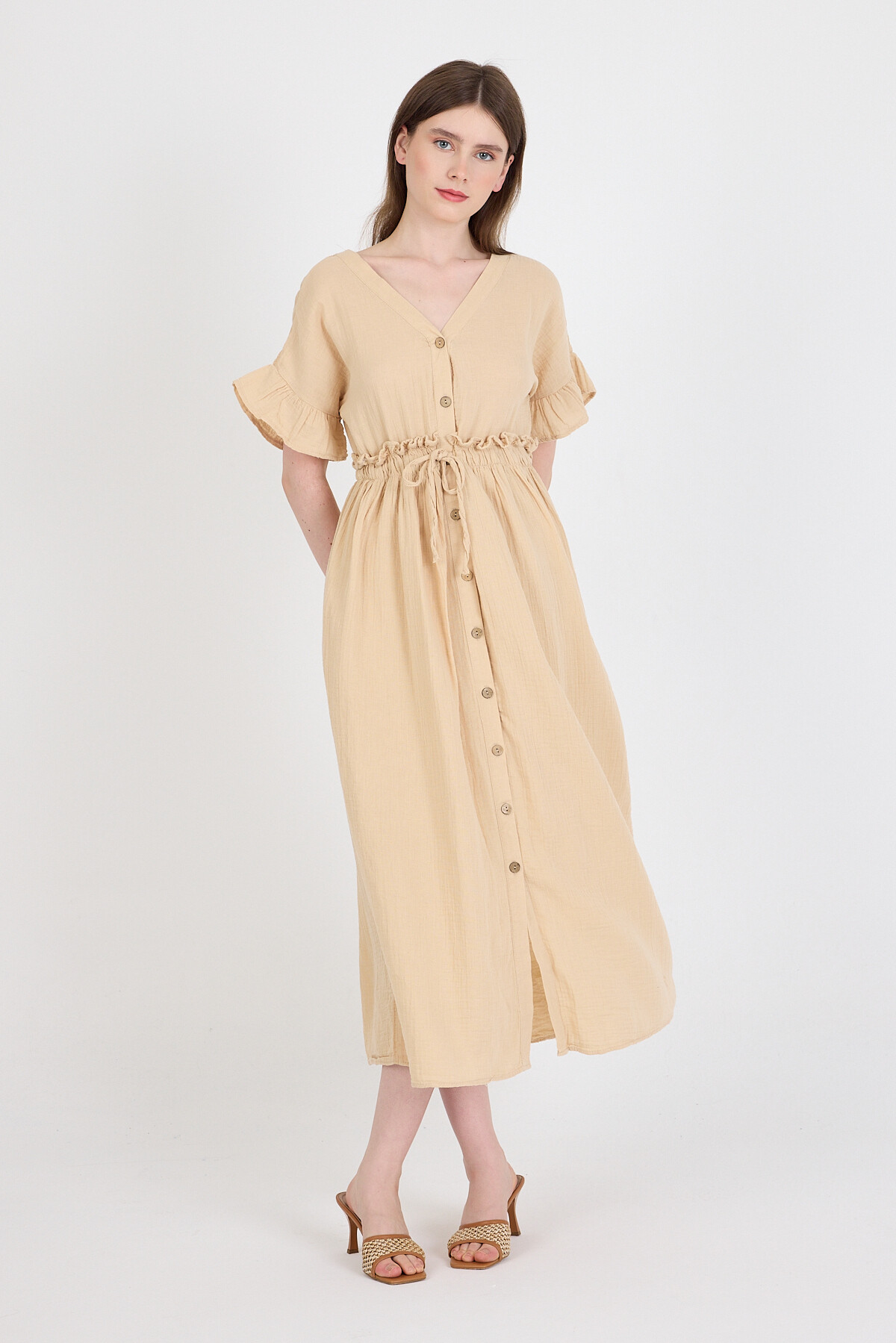 Bej %100 Pamuk Fırfır Kol Detaylı Düğmeli Elbise 4781A - 7