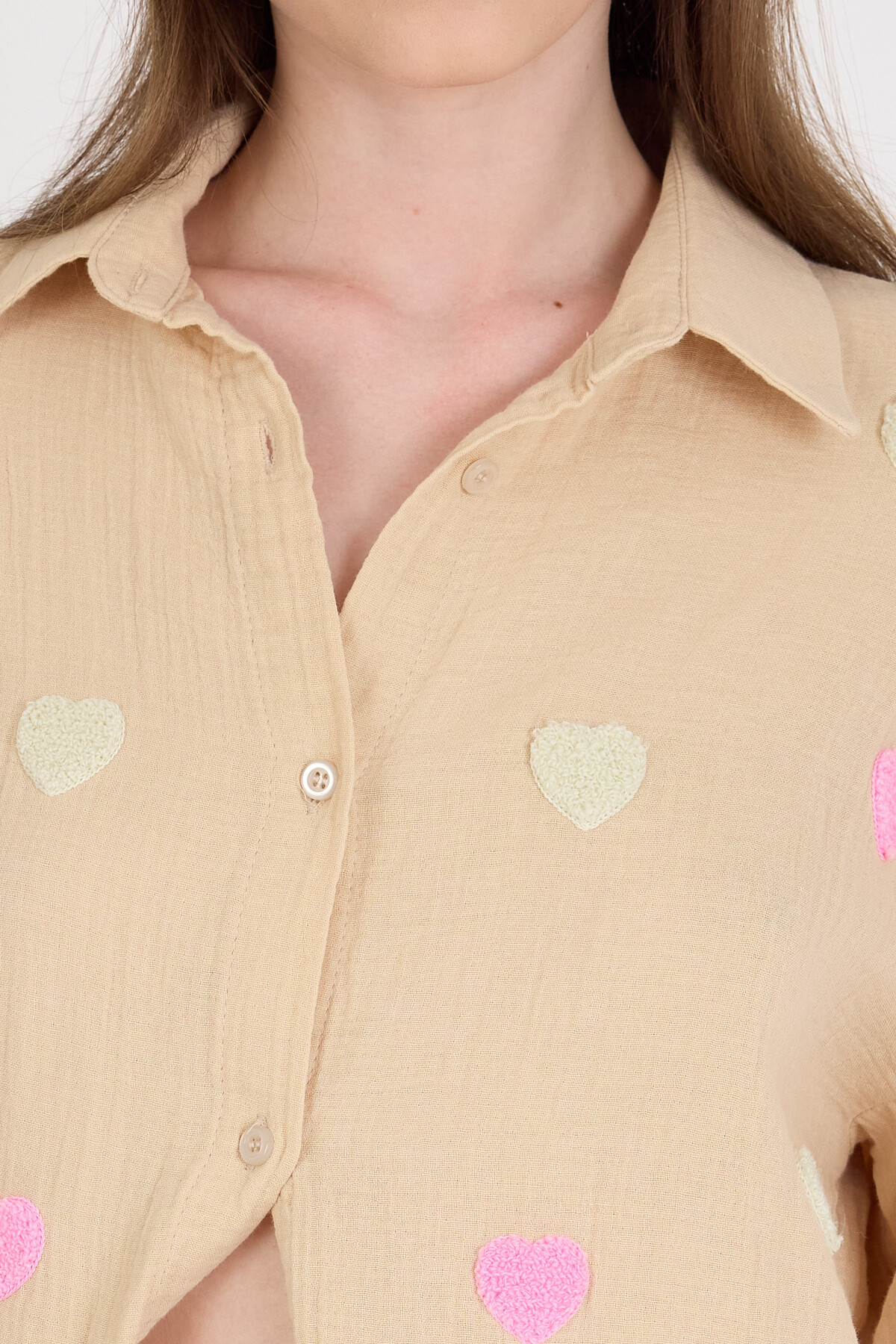Bej %100 Pamuk Kalp Nakışlı Gömlek 4797A - 4