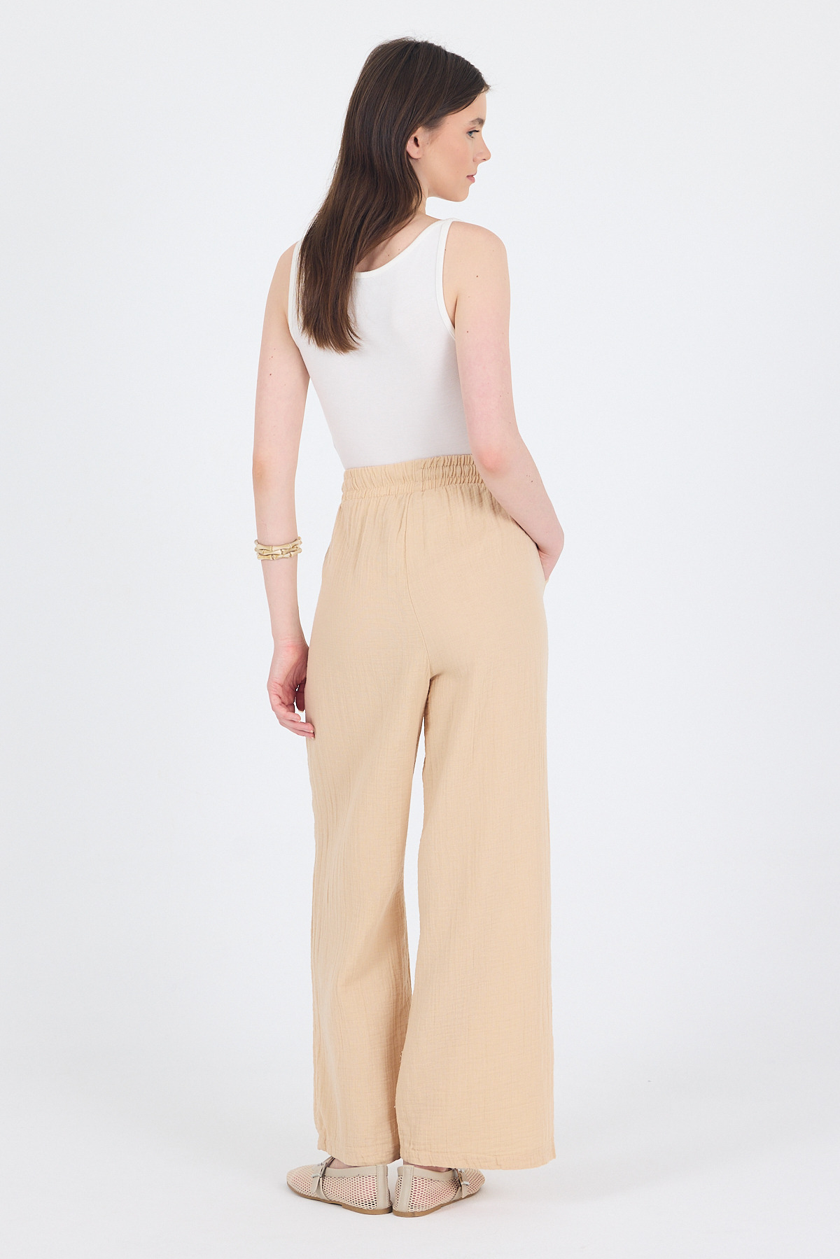 Bej %100 Pamuk Müslin Palazzo/Bol Paça Pantolon 8056A - 6