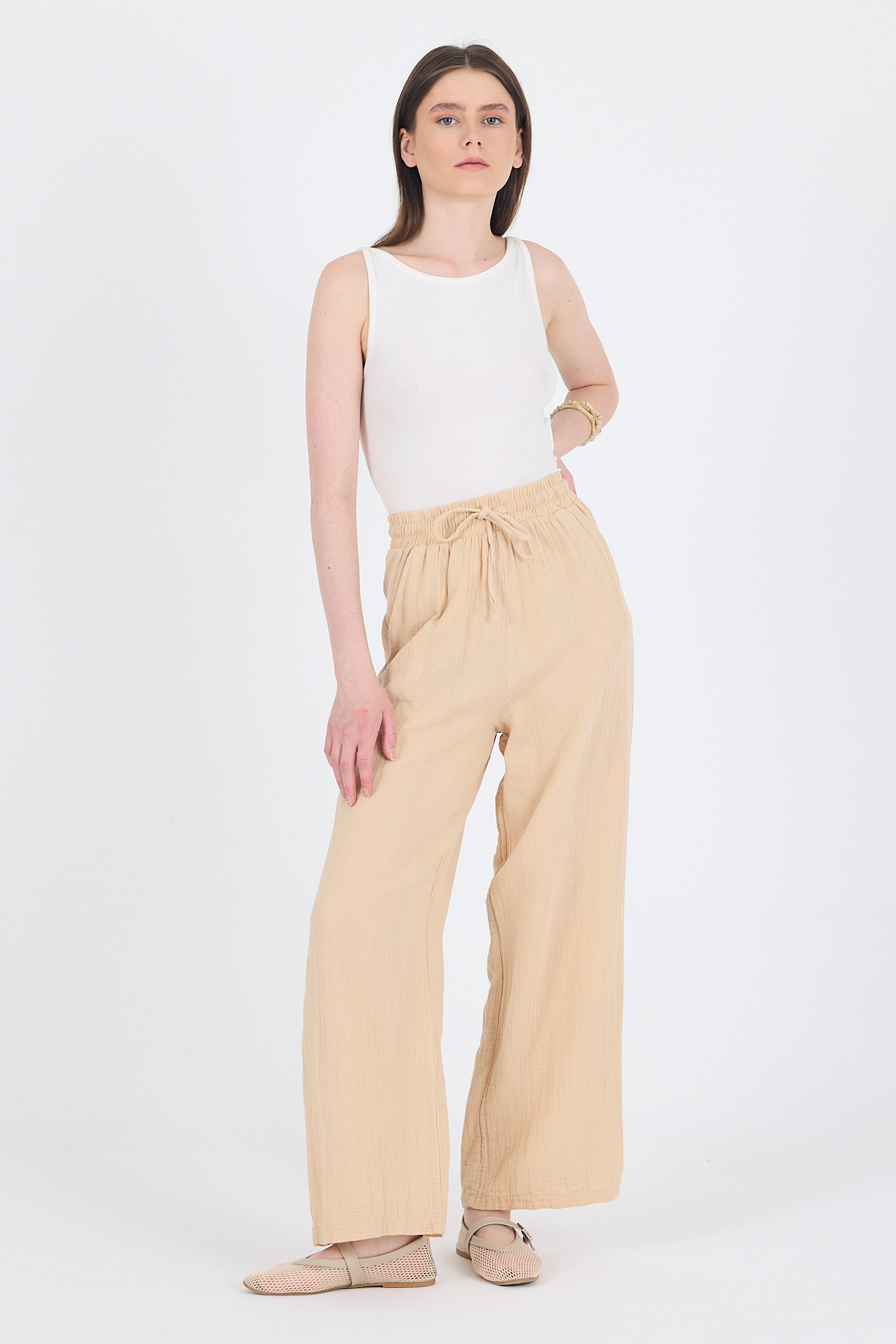 Bej %100 Pamuk Müslin Palazzo/Bol Paça Pantolon 8056A - 3