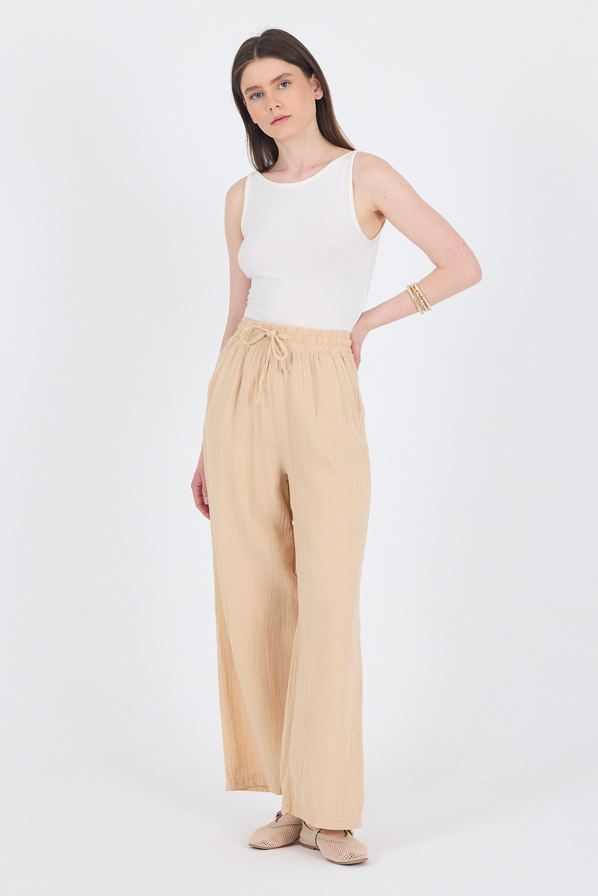 Bej %100 Pamuk Müslin Palazzo/Bol Paça Pantolon 8056A - RAYS